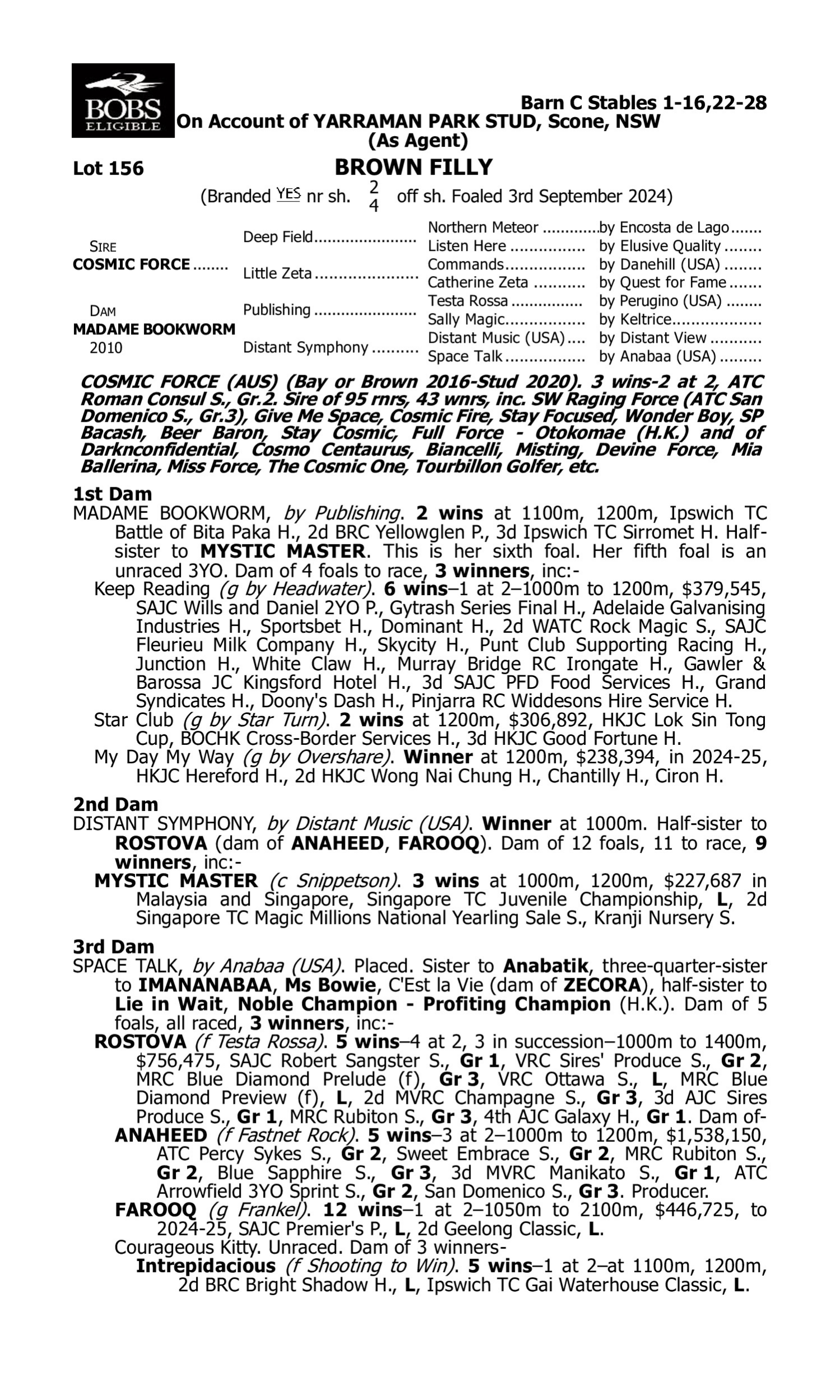 Pedigree for Lot 156 Cosmic Force - Madame Bookworm