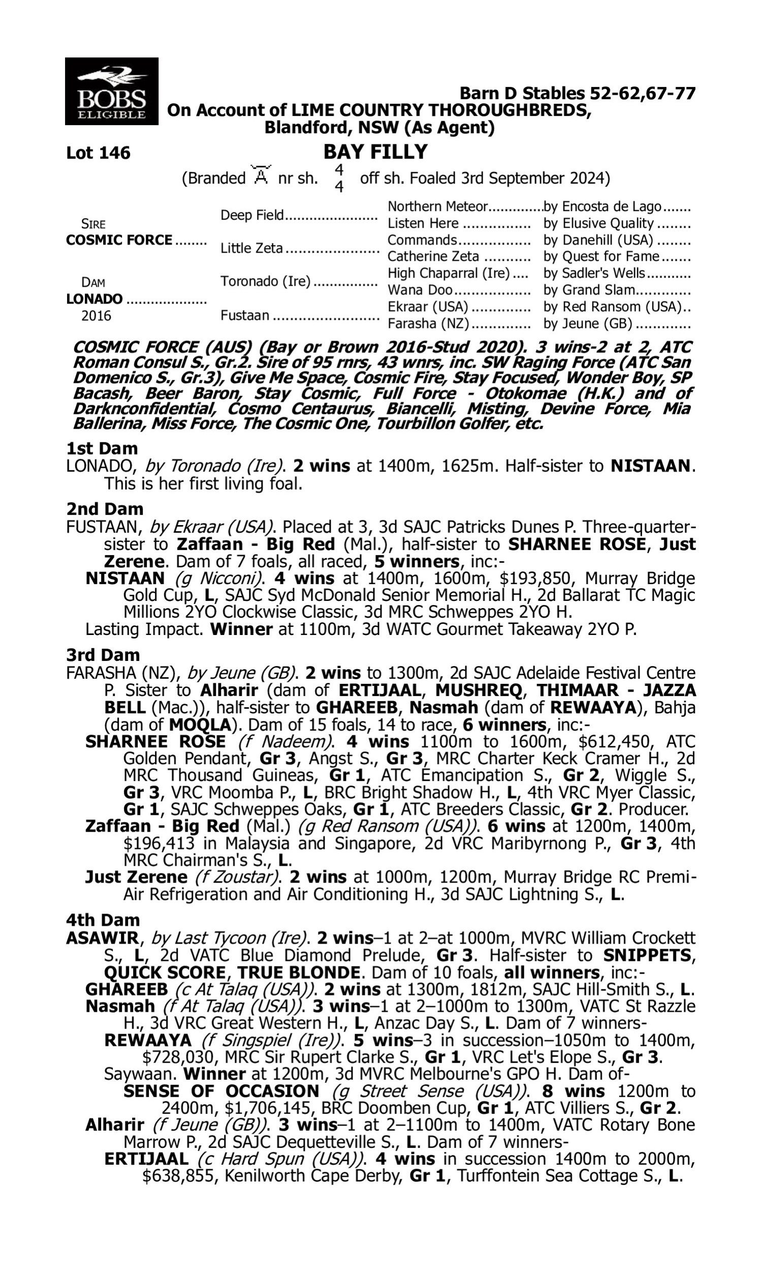 Pedigree for Lot 146 Cosmic Force - Lonado