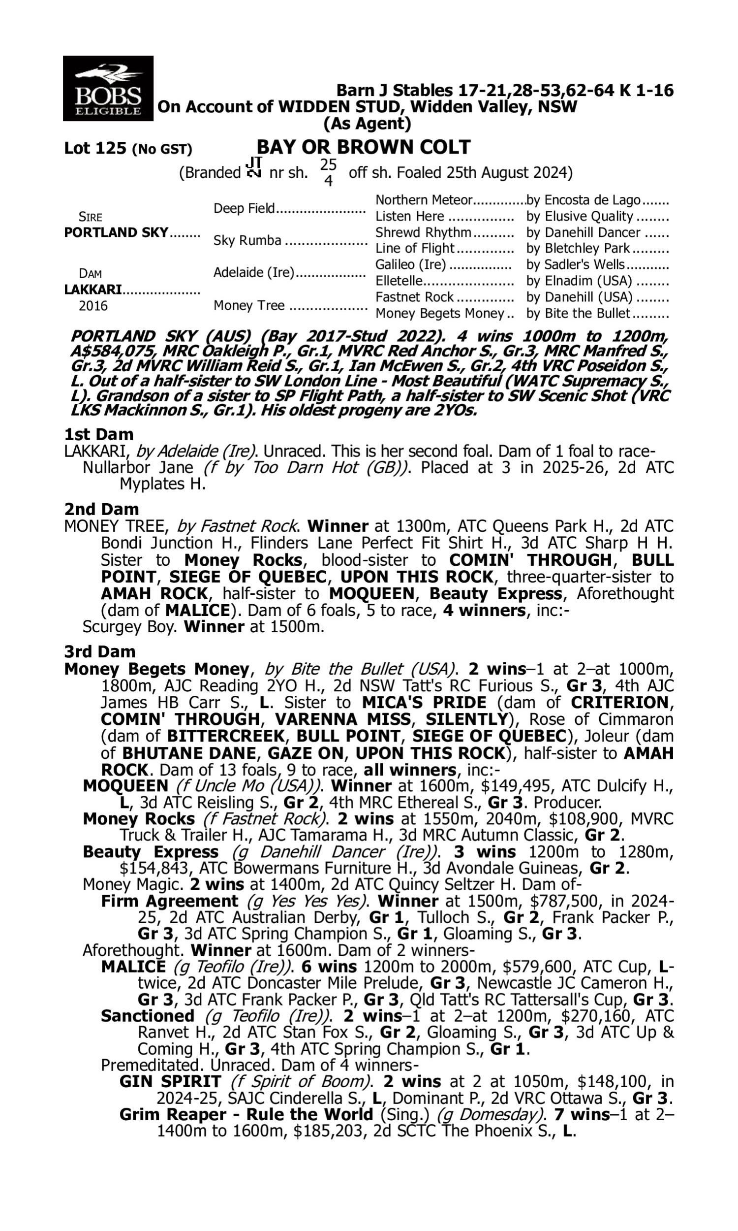 Pedigree for Lot 125 Portland Sky - Lakkari