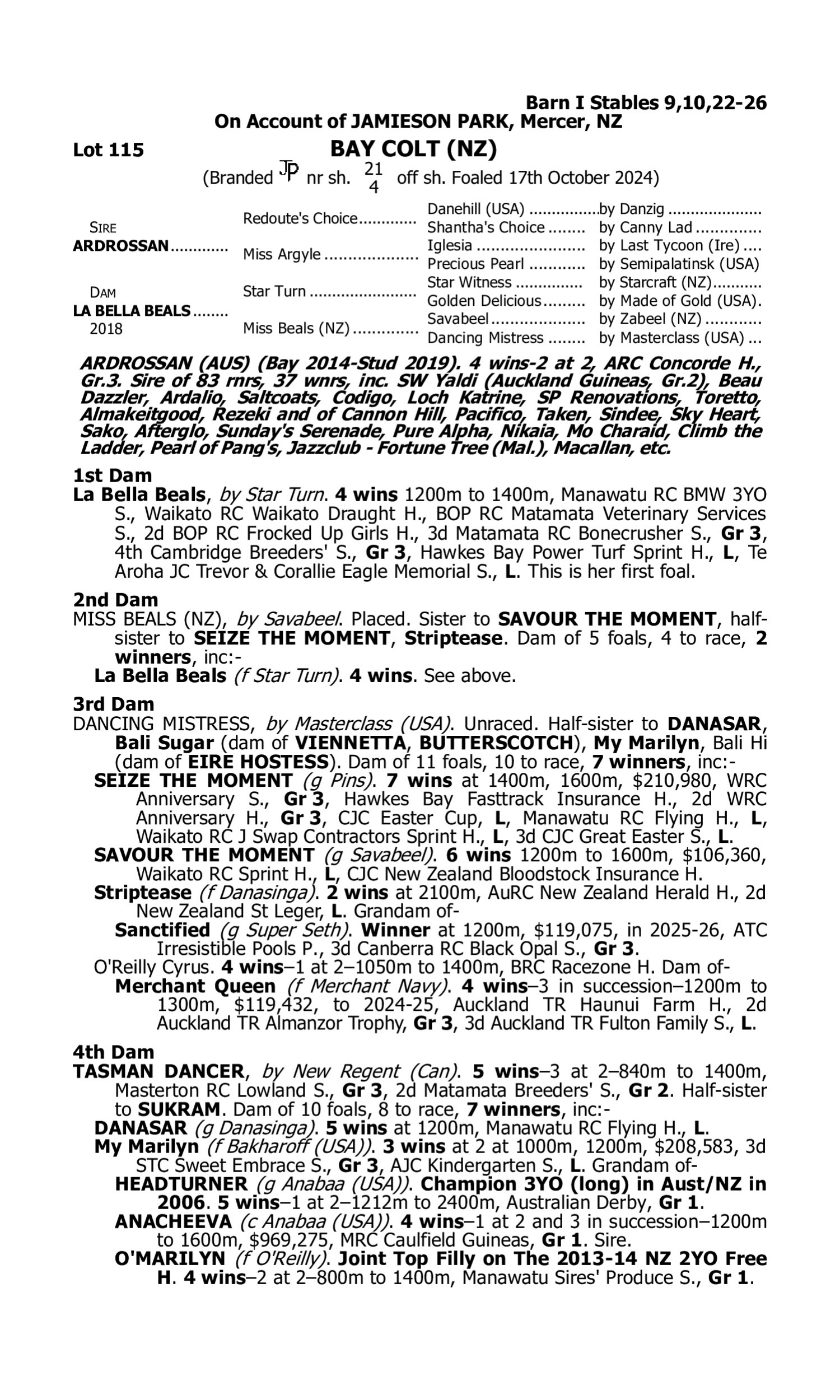 Pedigree for Lot 115 Ardrossan - La Bella Beals