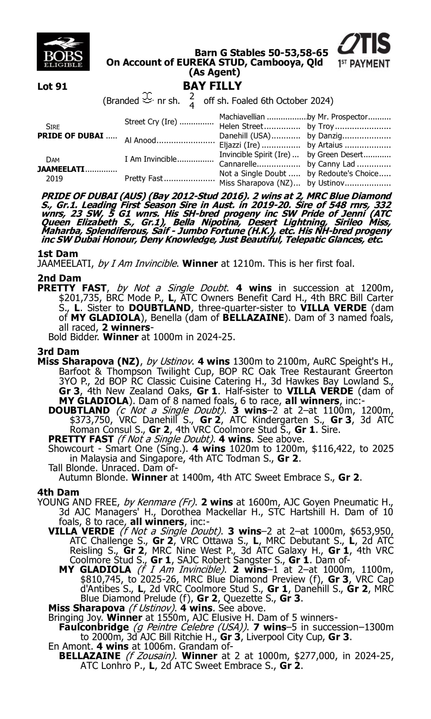 Pedigree for Lot 91 Pride of Dubai - Jaameelati