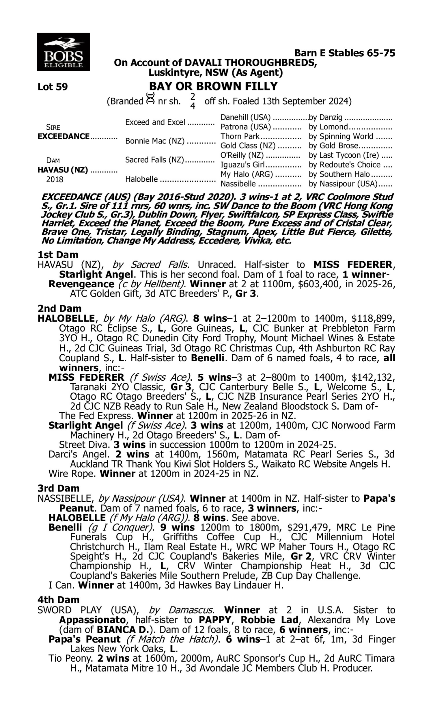 Pedigree for Lot 59 Exceedance - Havasu (NZ)