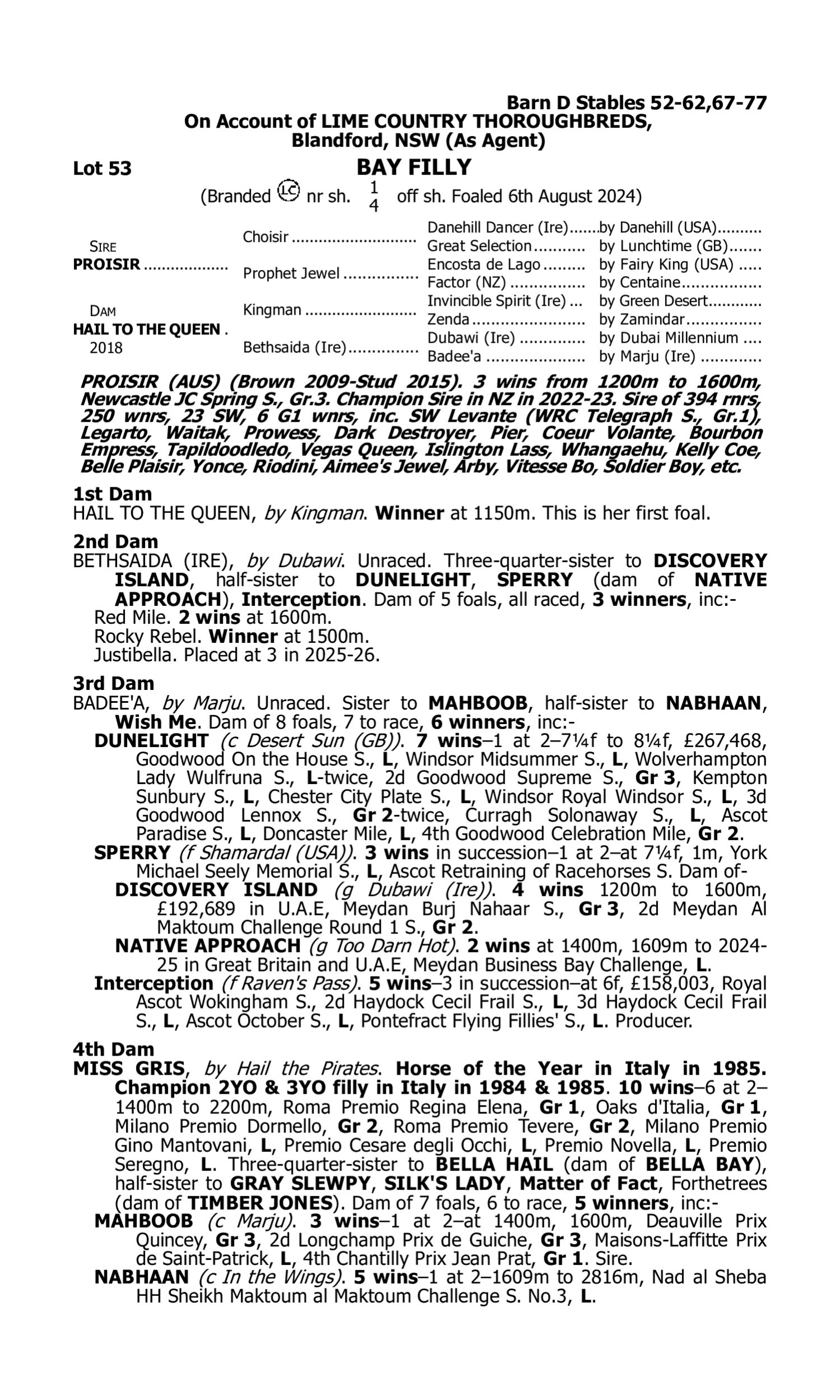 Pedigree for Lot 53 Proisir - Hail to the Queen