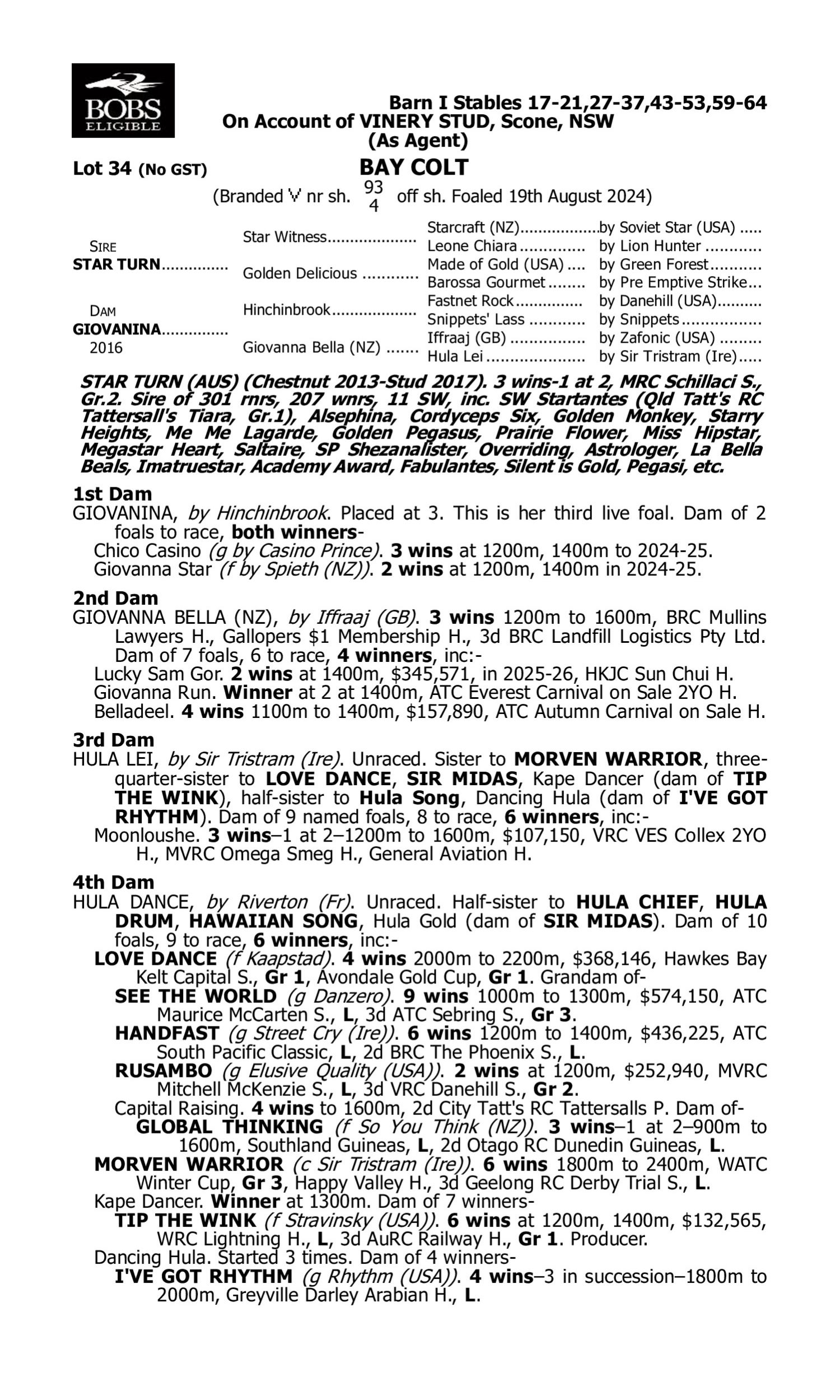 Pedigree for Lot 34 Star Turn - Giovanina