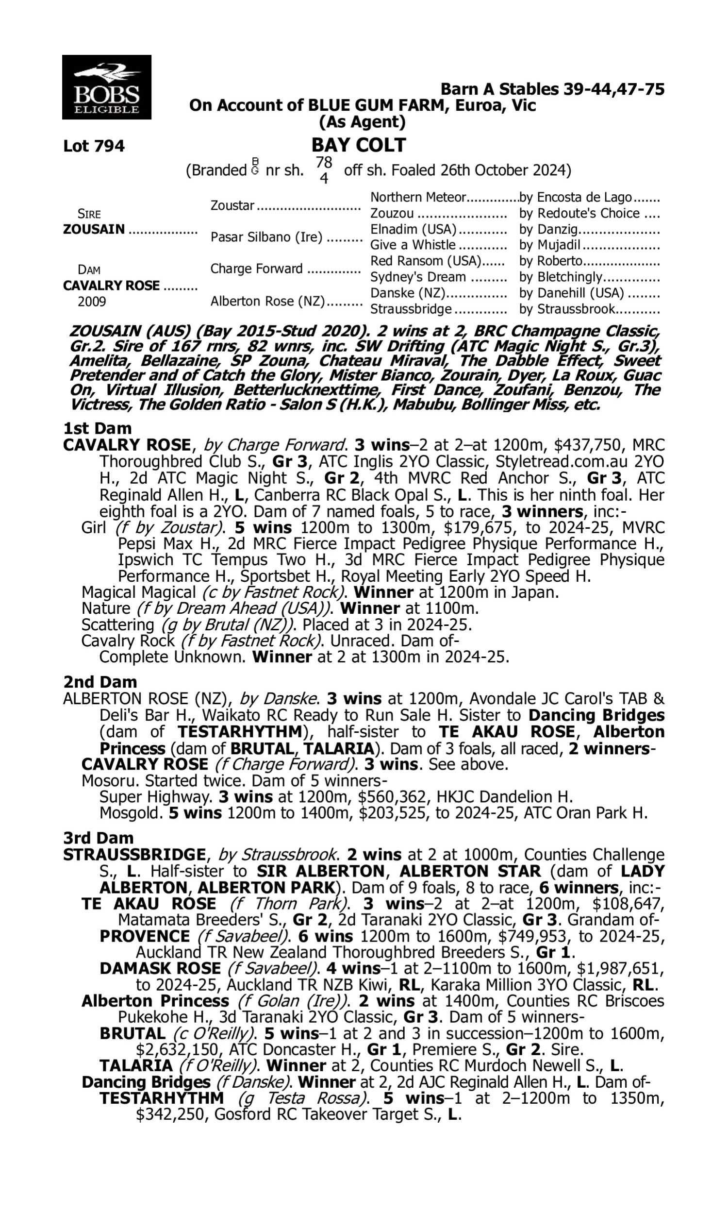 Pedigree for Lot 794 Zousain - Cavalry Rose