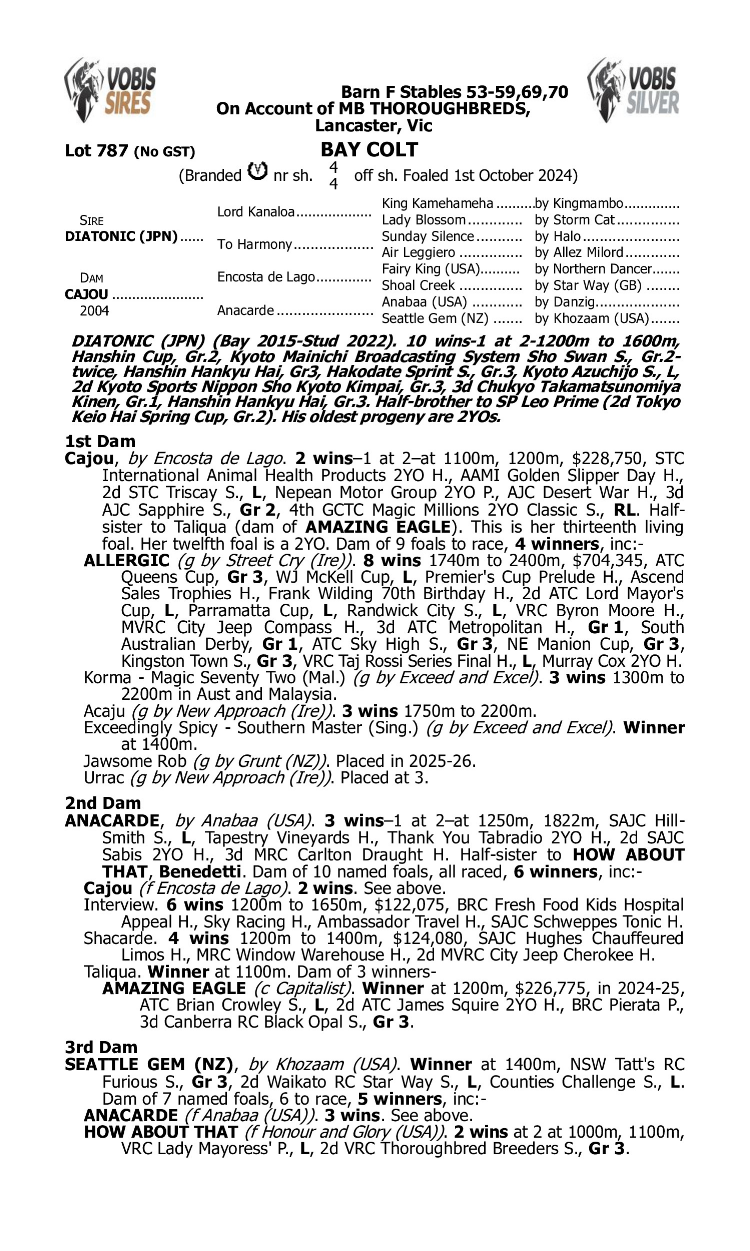 Pedigree for Lot 787 Diatonic (JPN) - Cajou