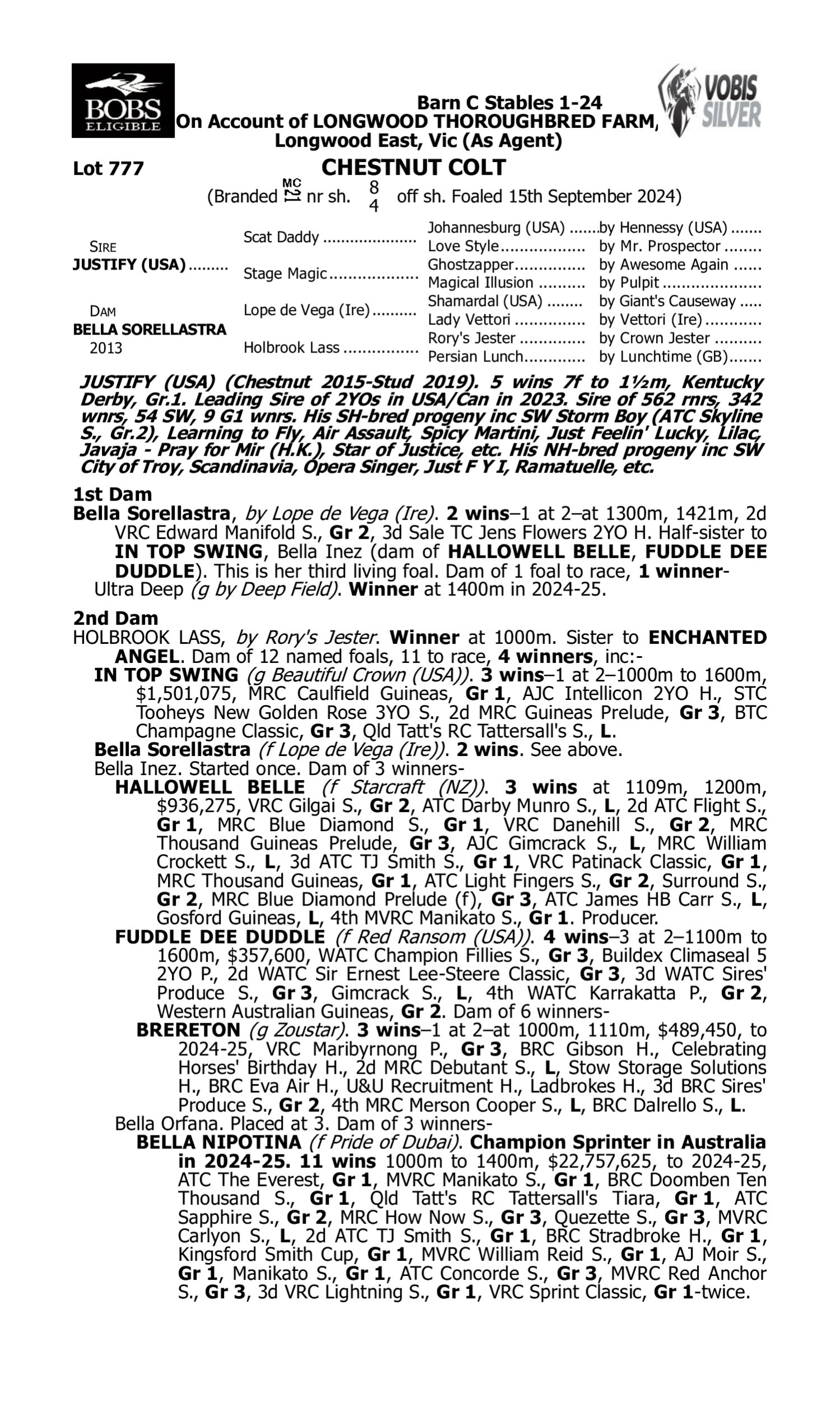 Pedigree for Lot 777 Justify (USA) - Bella Sorellastra