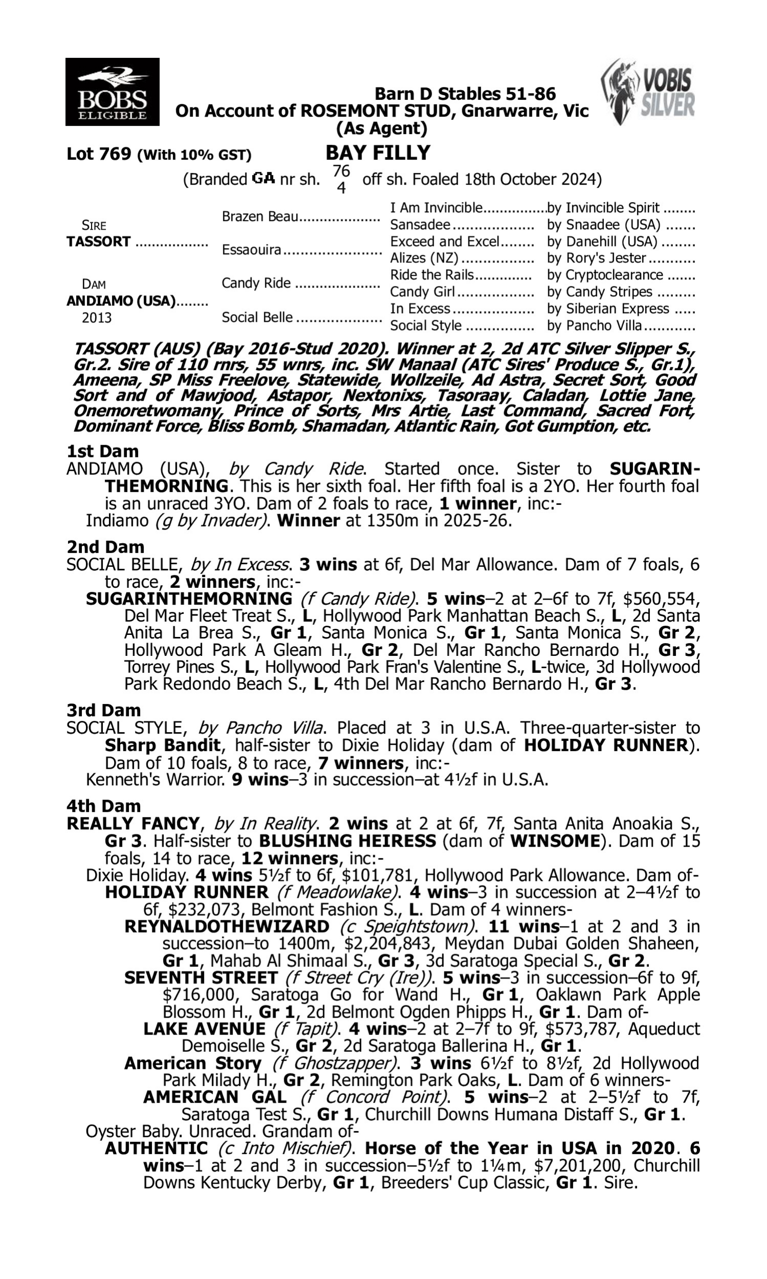 Pedigree for Lot 769 Tassort - Andiamo (USA)