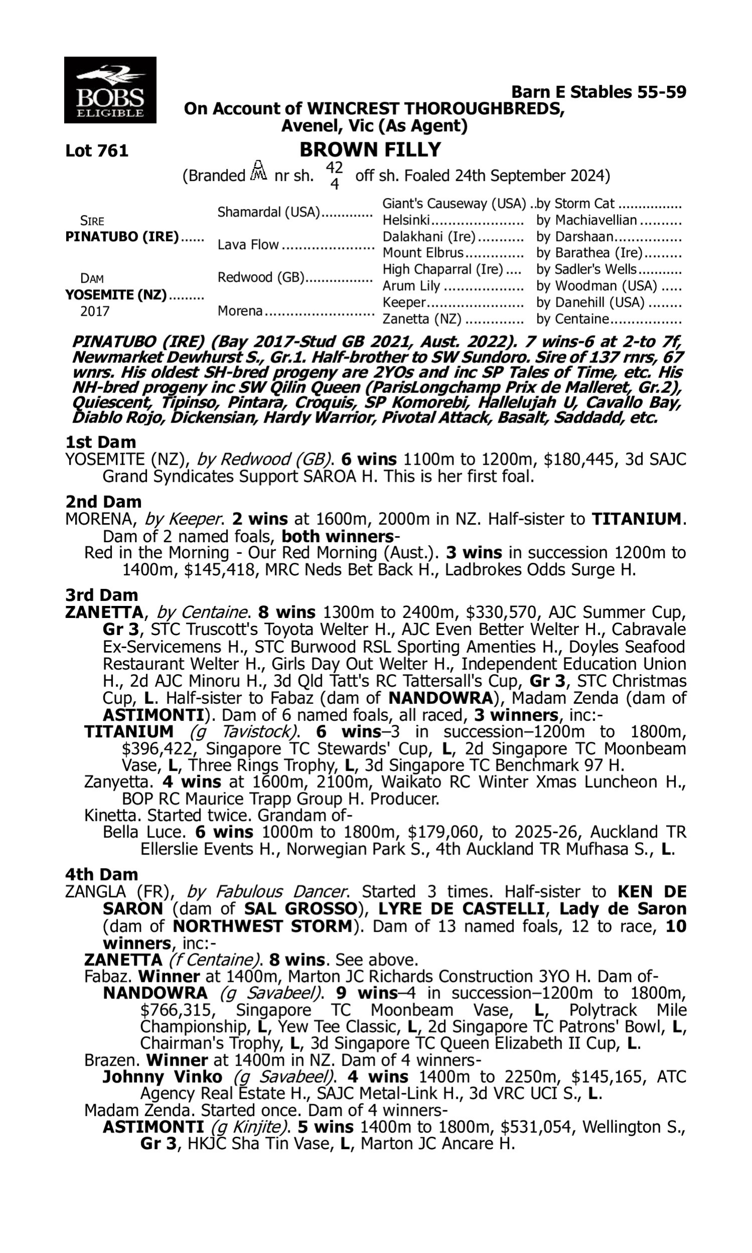 Pedigree for Lot 761 Pinatubo (IRE) - Yosemite (NZ)