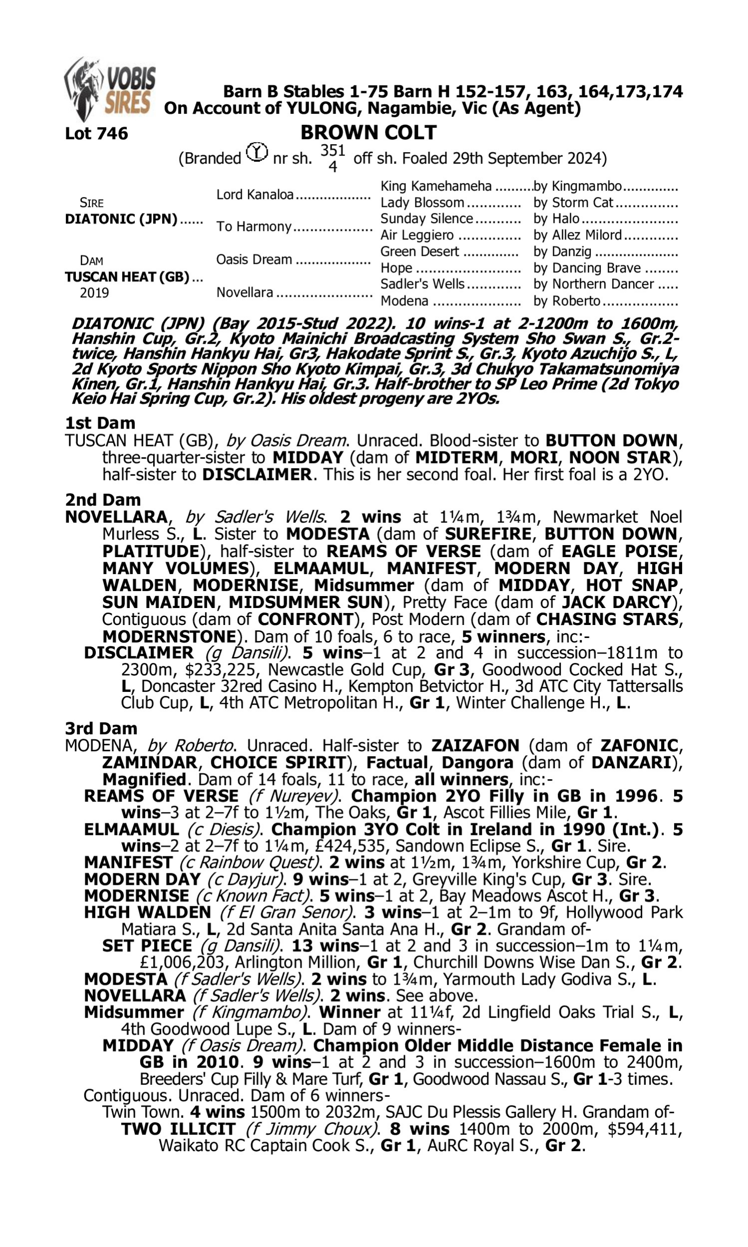 Pedigree for Lot 746 Diatonic (JPN) - Tuscan Heat (GB)