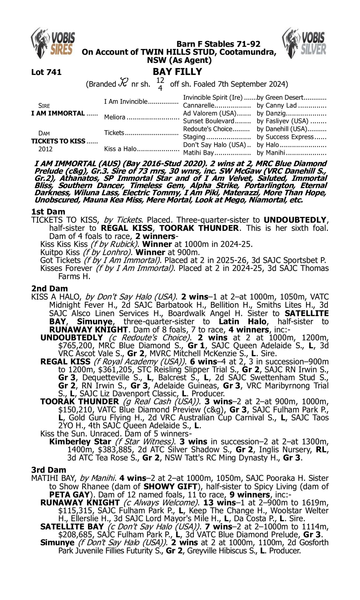 Pedigree for Lot 741 I Am Immortal - Tickets to Kiss
