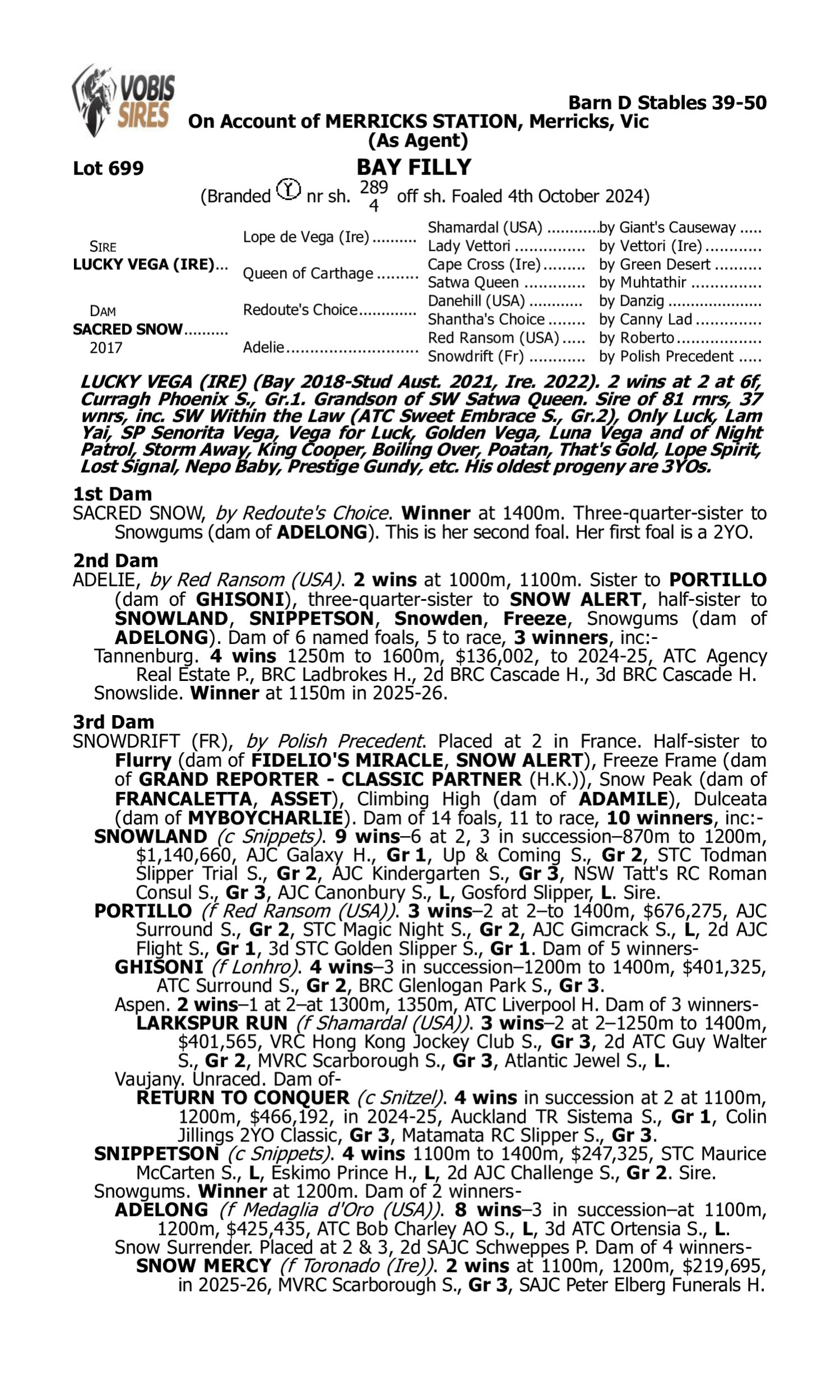 Pedigree for Lot 699 Lucky Vega (IRE) - Sacred Snow