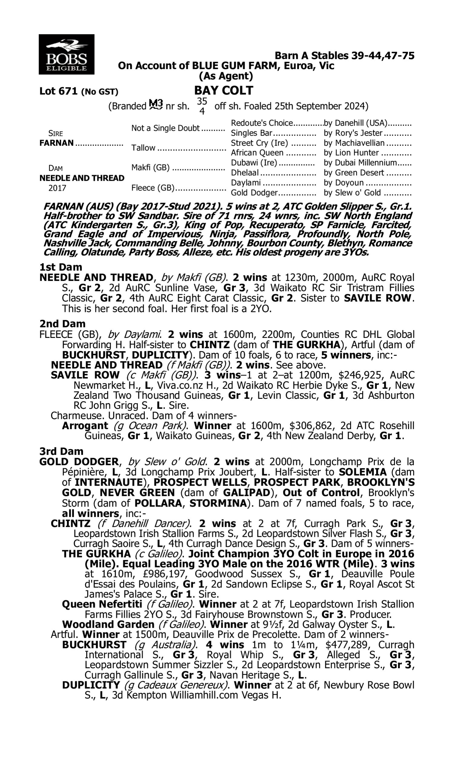 Pedigree for Lot 671 Farnan - Needle and Thread