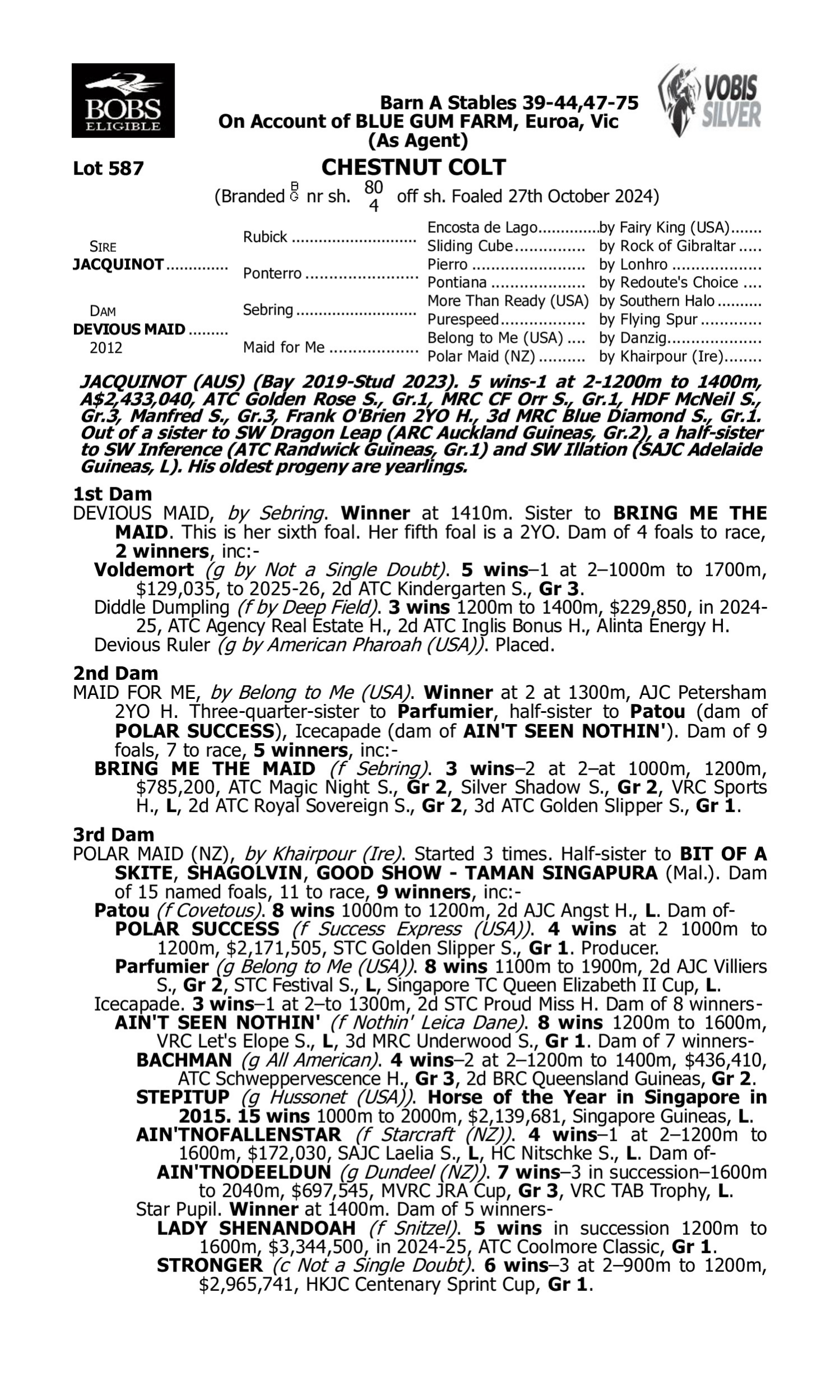 Pedigree for Lot 587 Jacquinot - Devious Maid