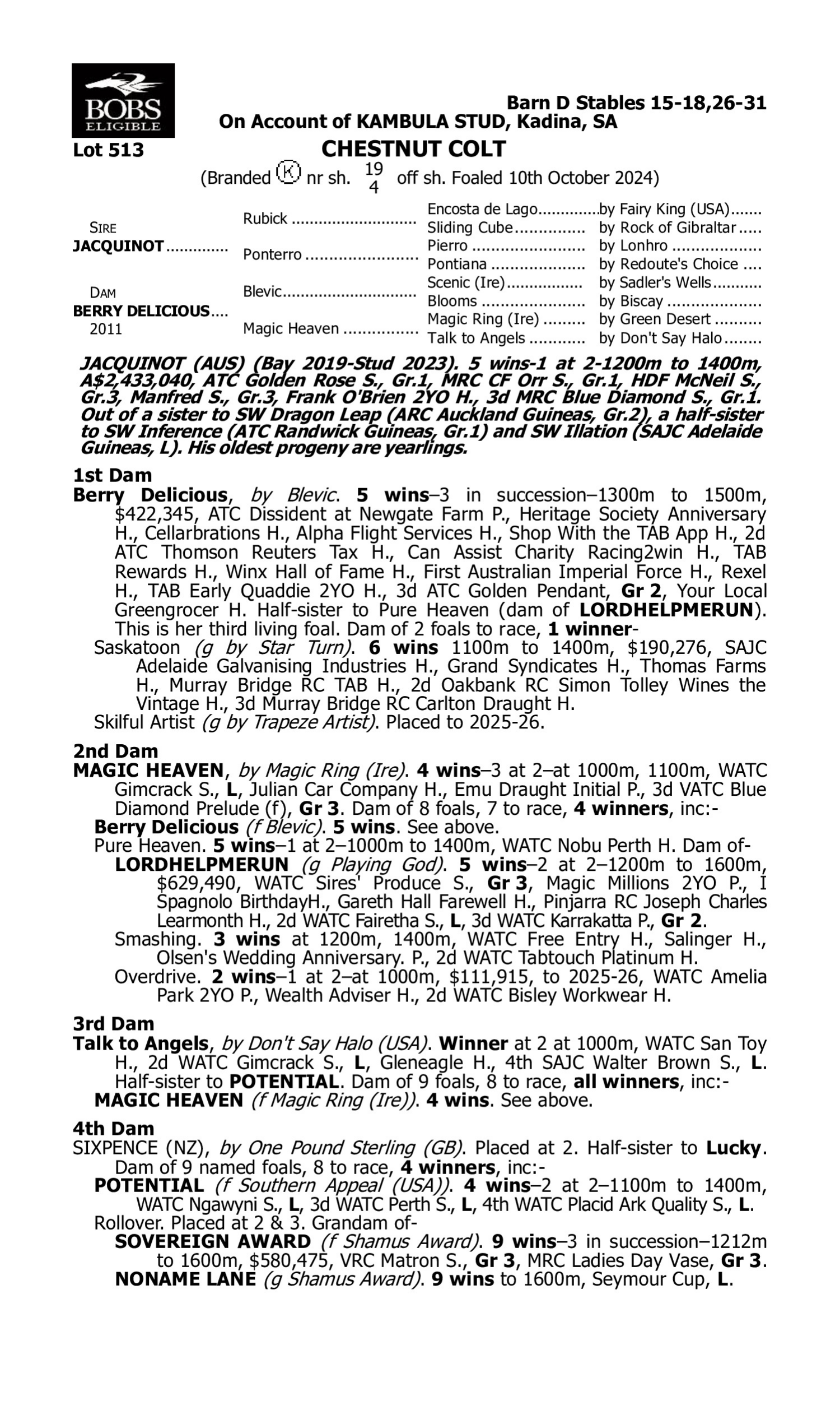 Pedigree for Lot 513 Jacquinot - Berry Delicious