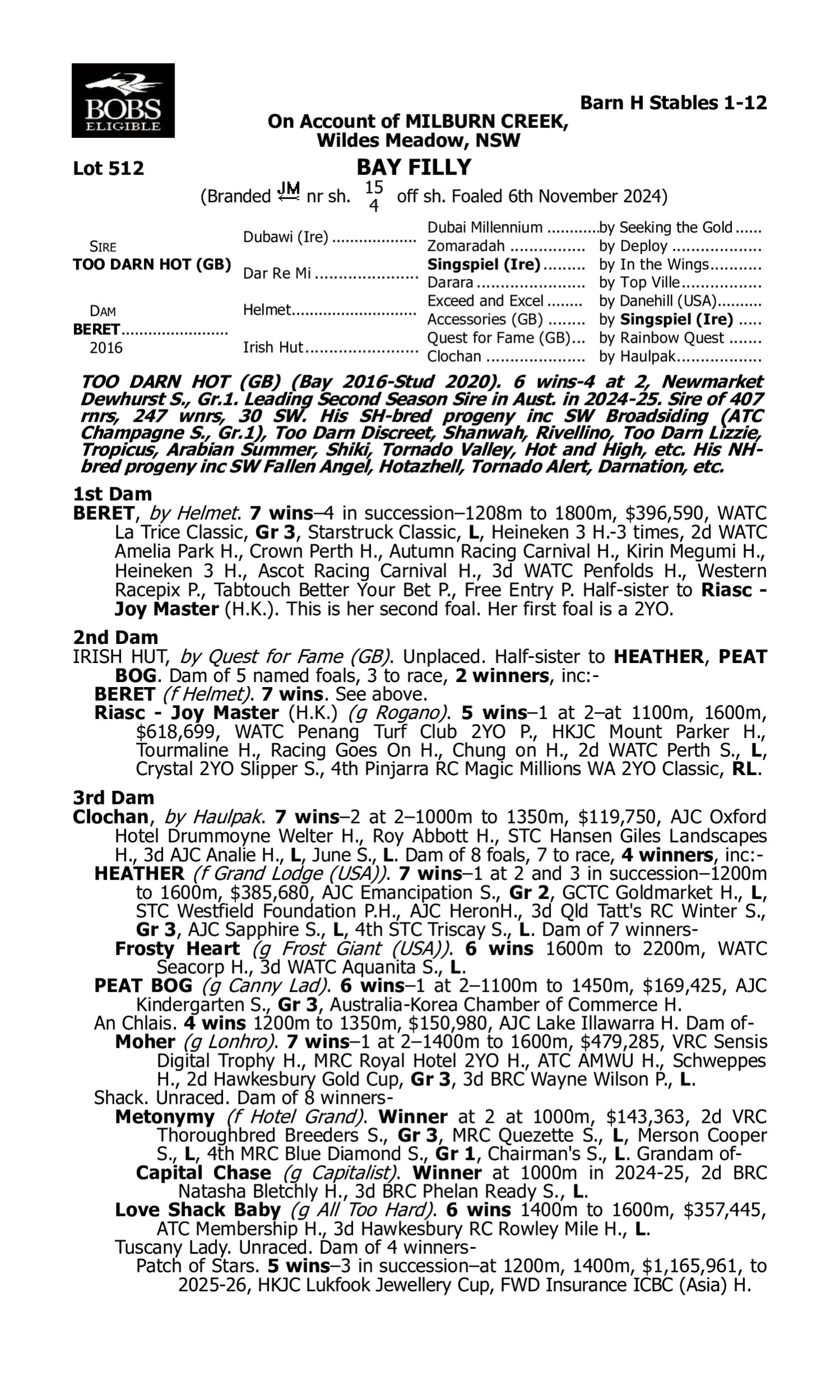 Pedigree for Lot 512 Too Darn Hot (GB) - Beret