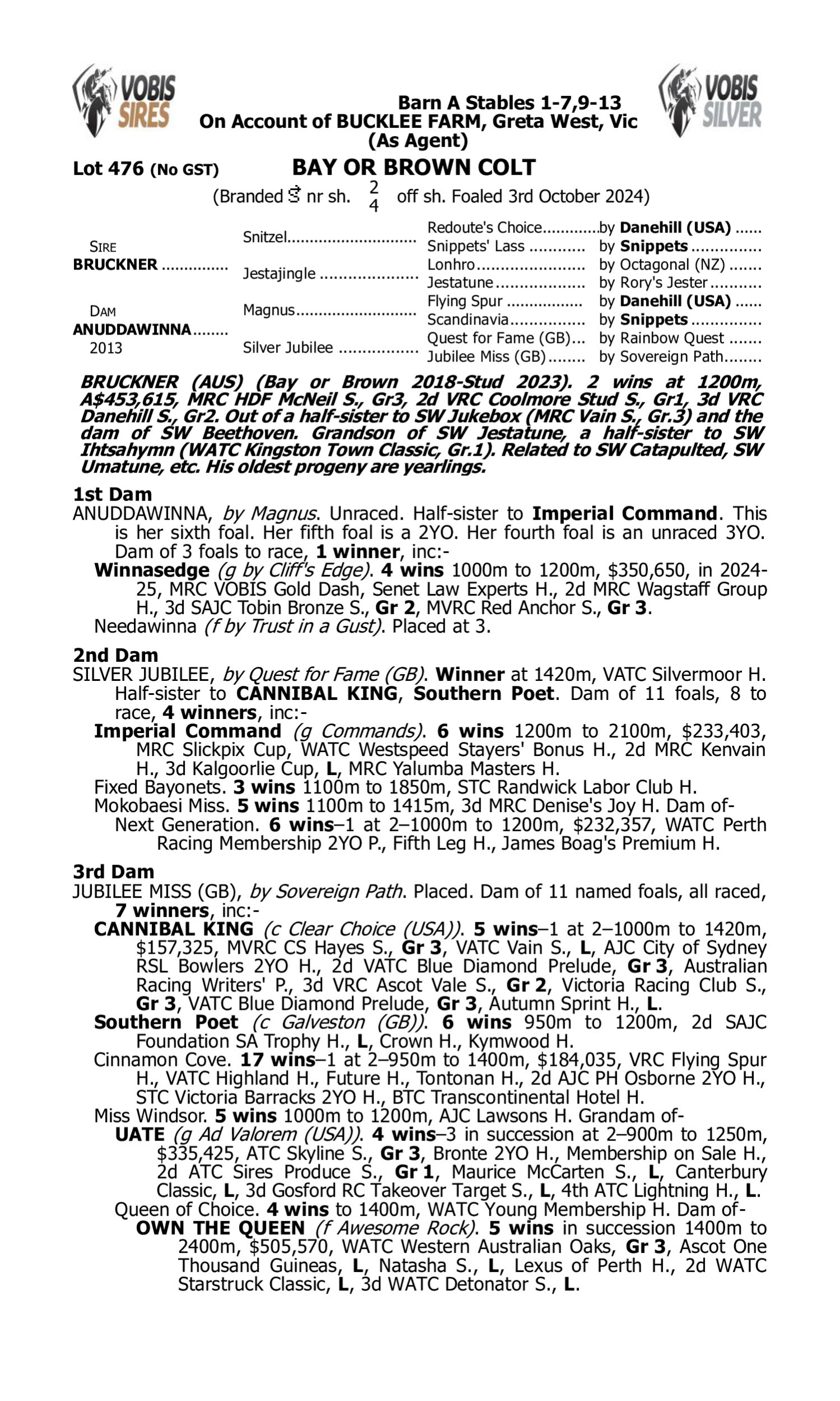 Pedigree for Lot 476 Bruckner - Anuddawinna