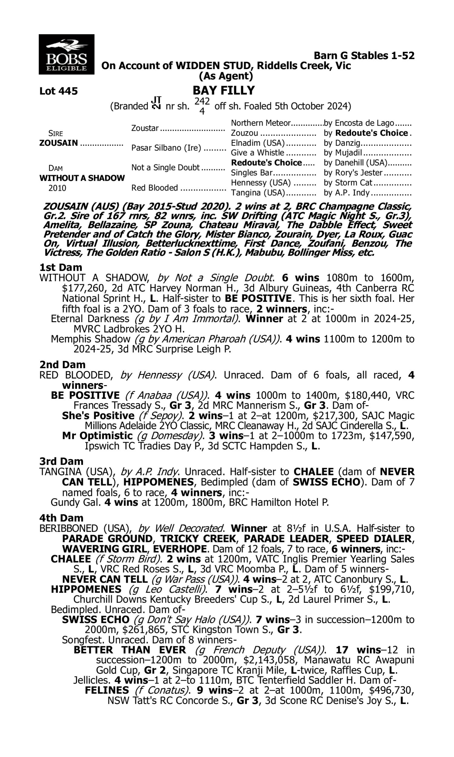 Pedigree for Lot 445 Zousain - Without a Shadow
