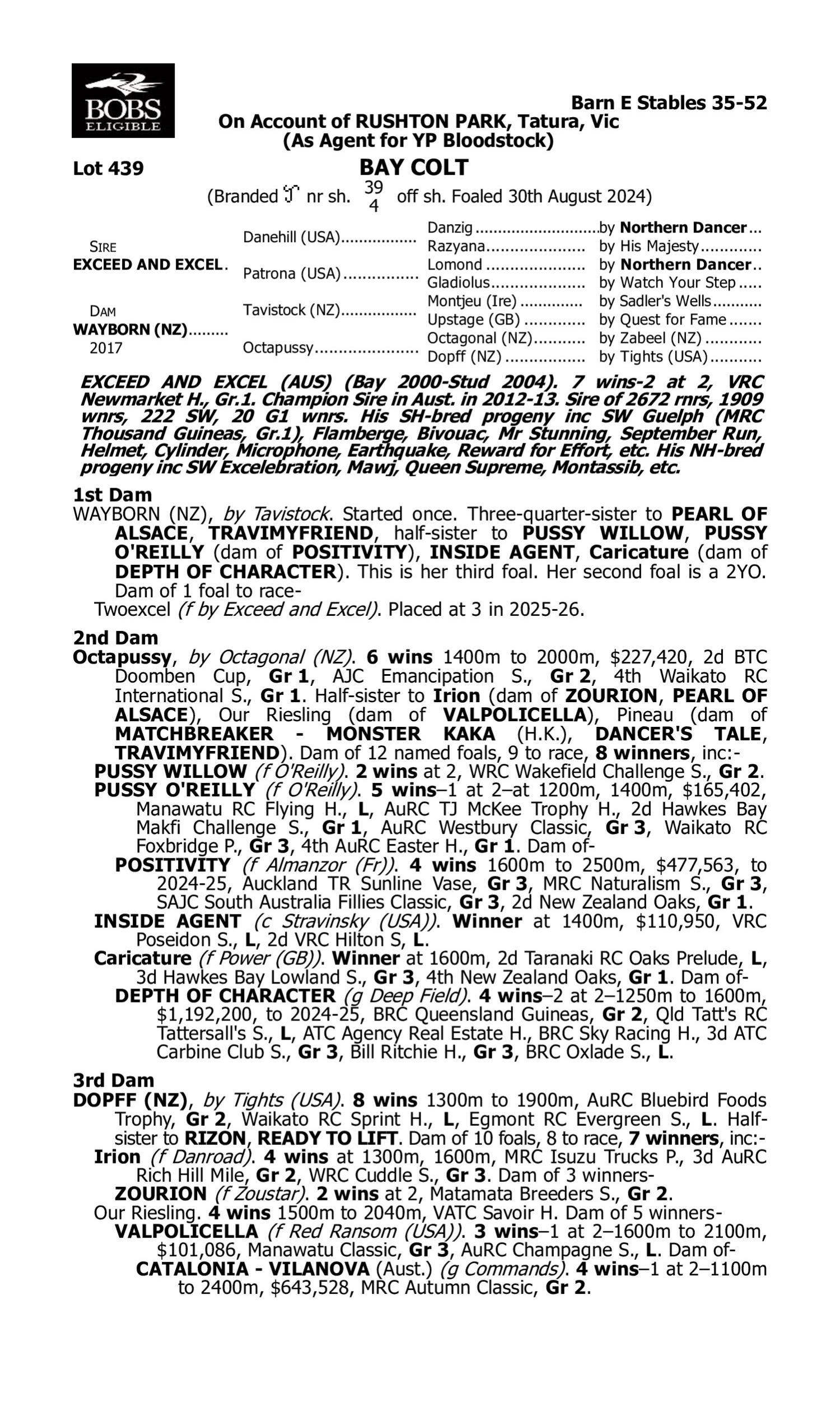 Pedigree for Lot 439 Exceed and Excel - Wayborn (NZ)