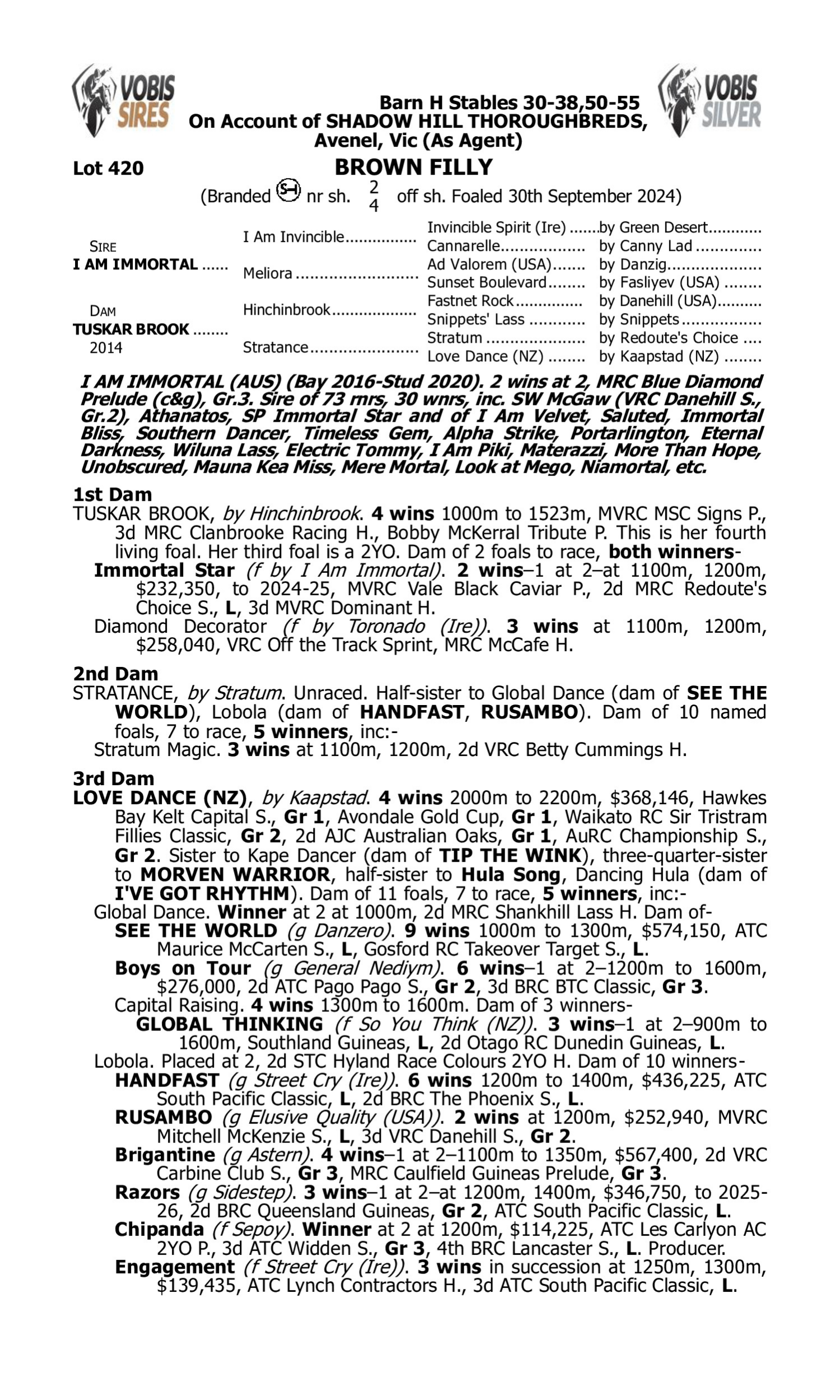 Pedigree for Lot 420 I Am Immortal - Tuskar Brook
