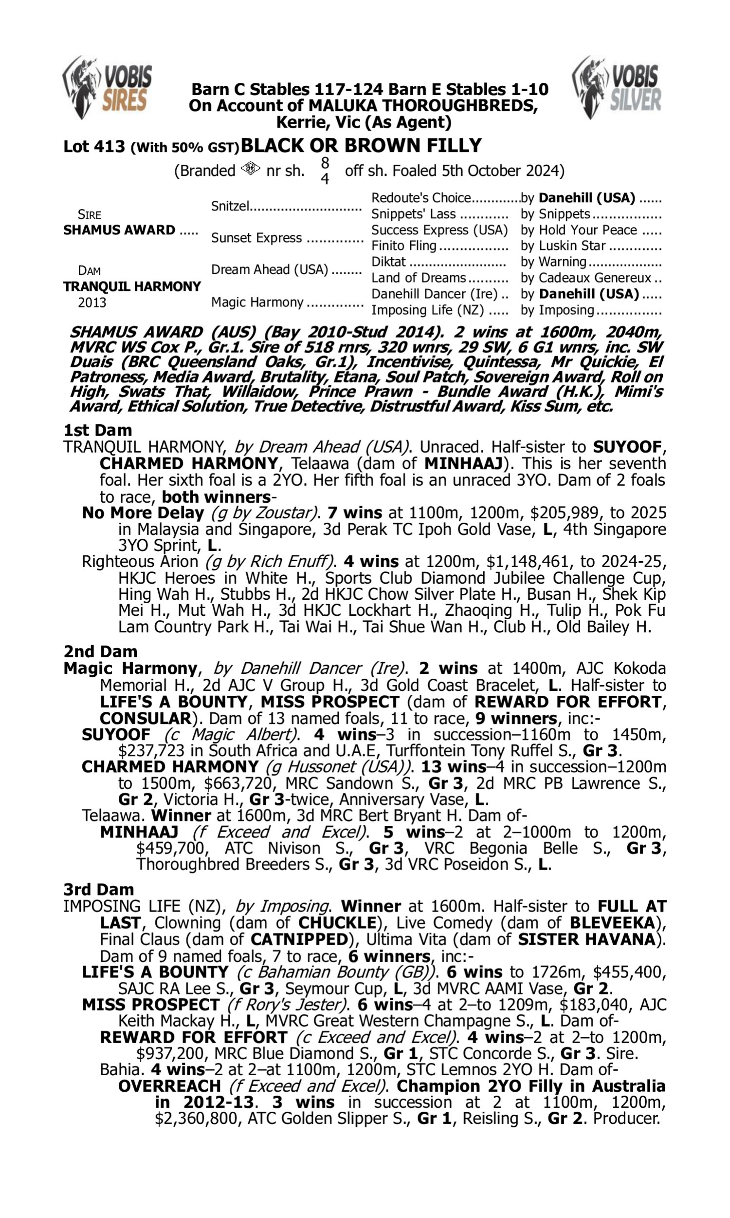 Pedigree for Lot 413 Shamus Award - Tranquil Harmony