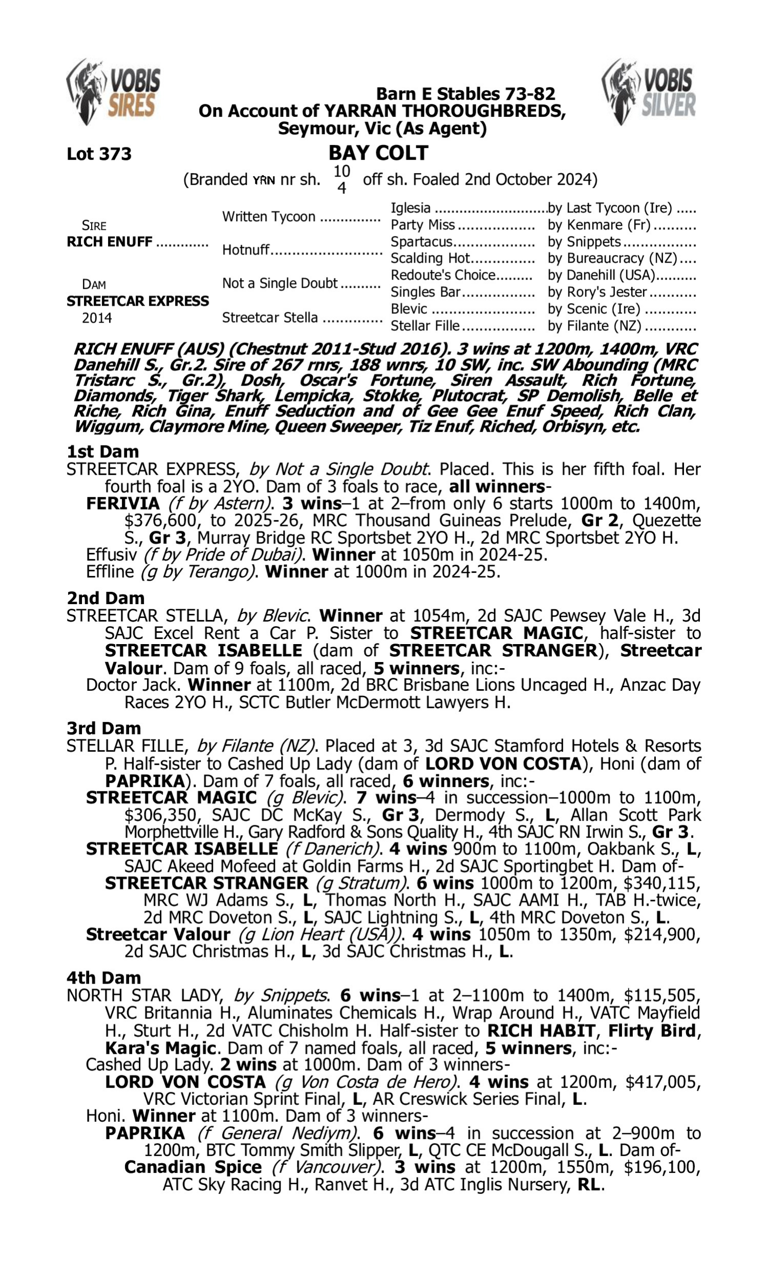 Pedigree for Lot 373 Rich Enuff - Streetcar Express