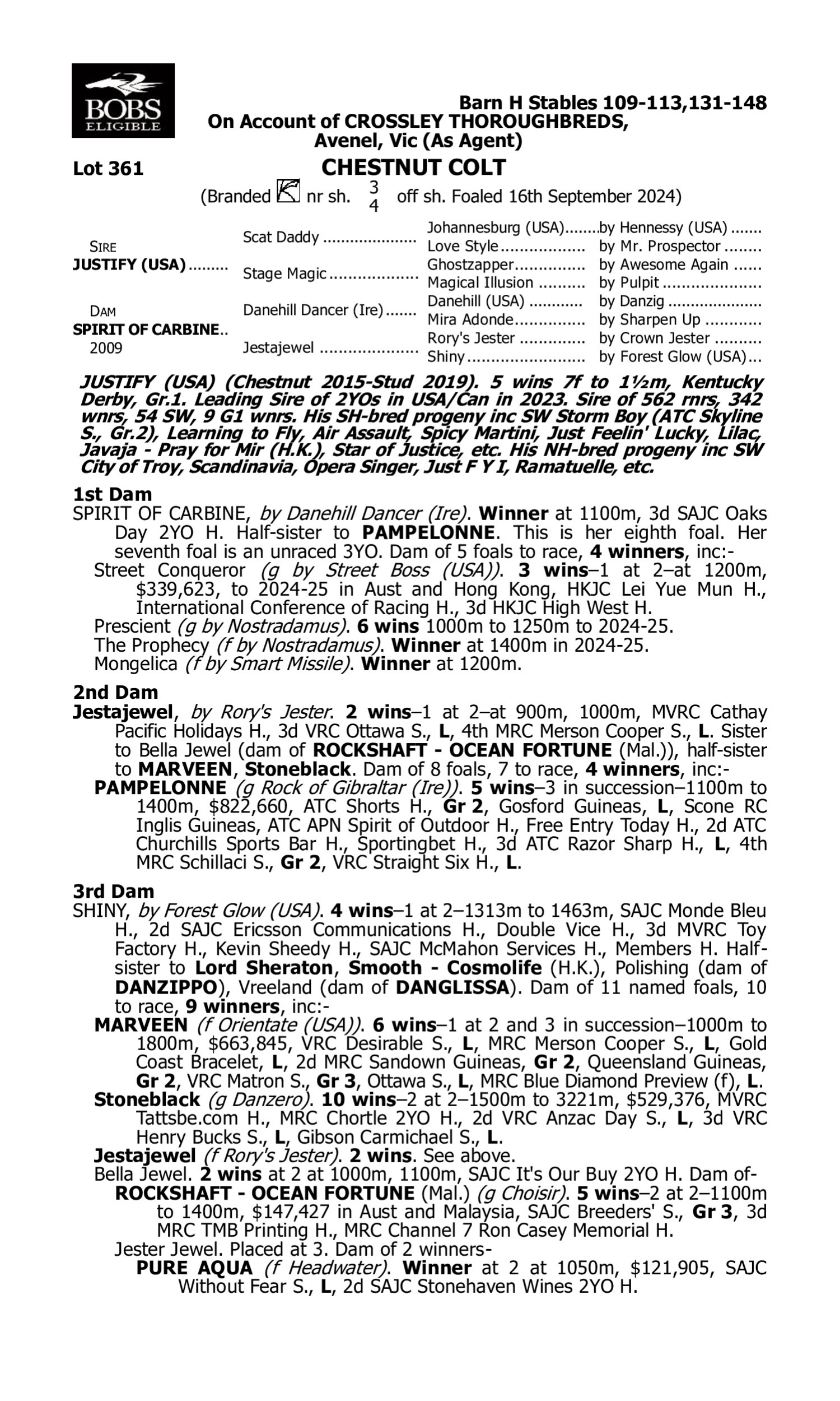 Pedigree for Lot 361 Justify (USA) - Spirit of Carbine
