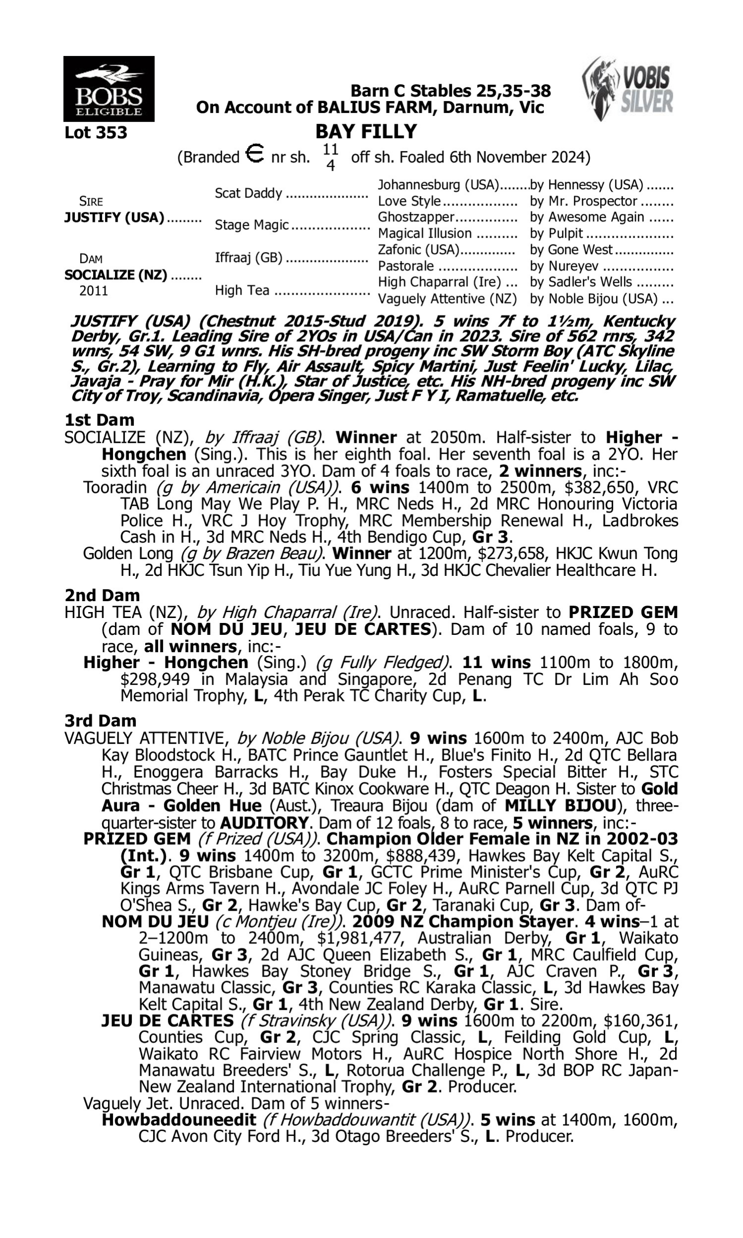 Pedigree for Lot 353 Justify (USA) - Socialize (NZ)