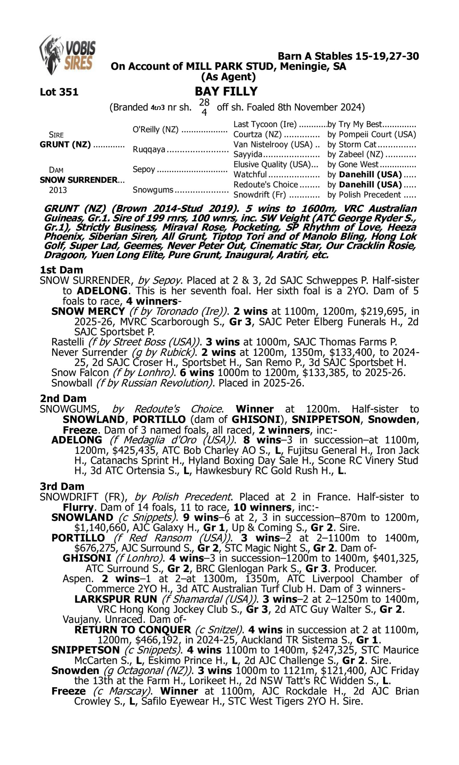 Pedigree for Lot 351 Grunt (NZ) - Snow Surrender