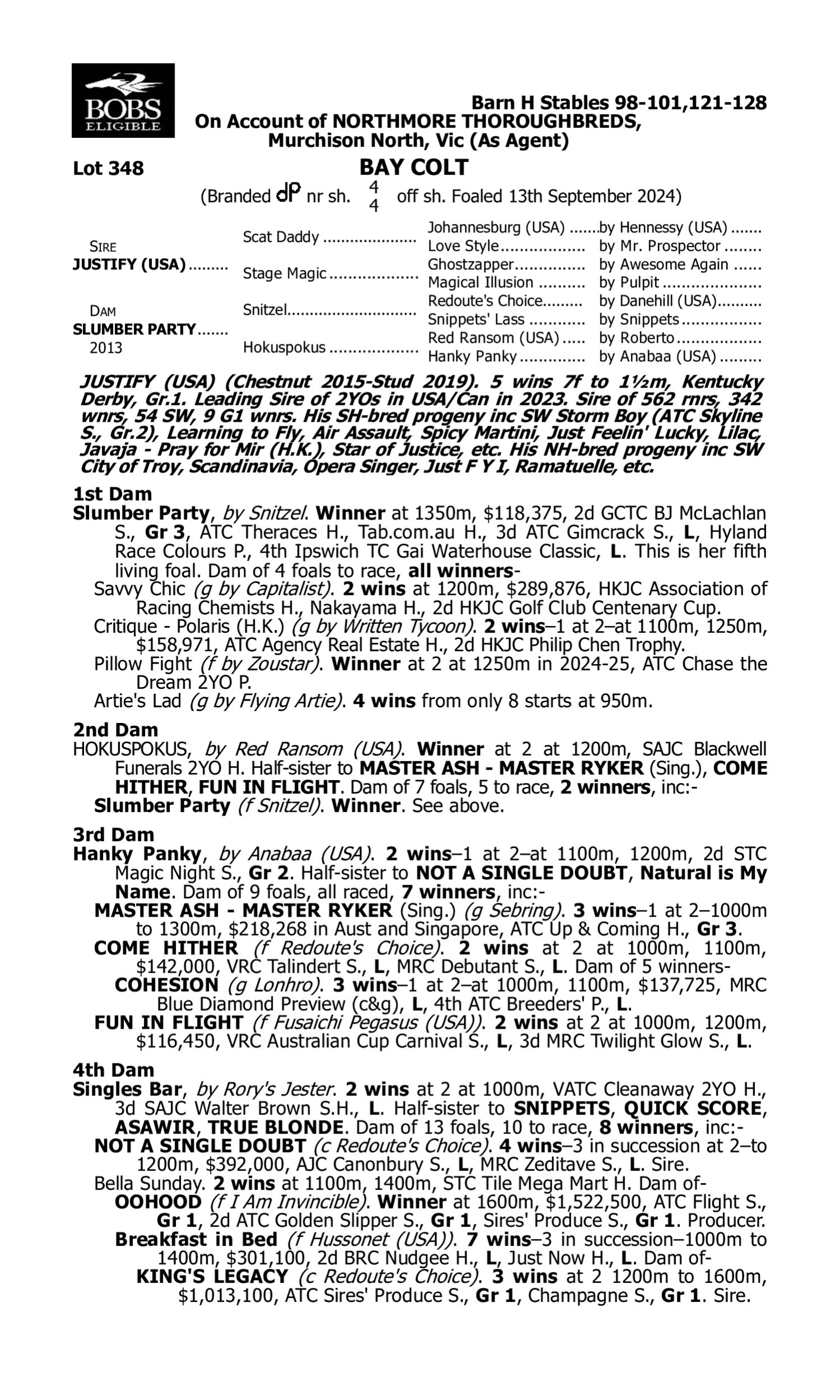 Pedigree for Lot 348 Justify (USA) - Slumber Party