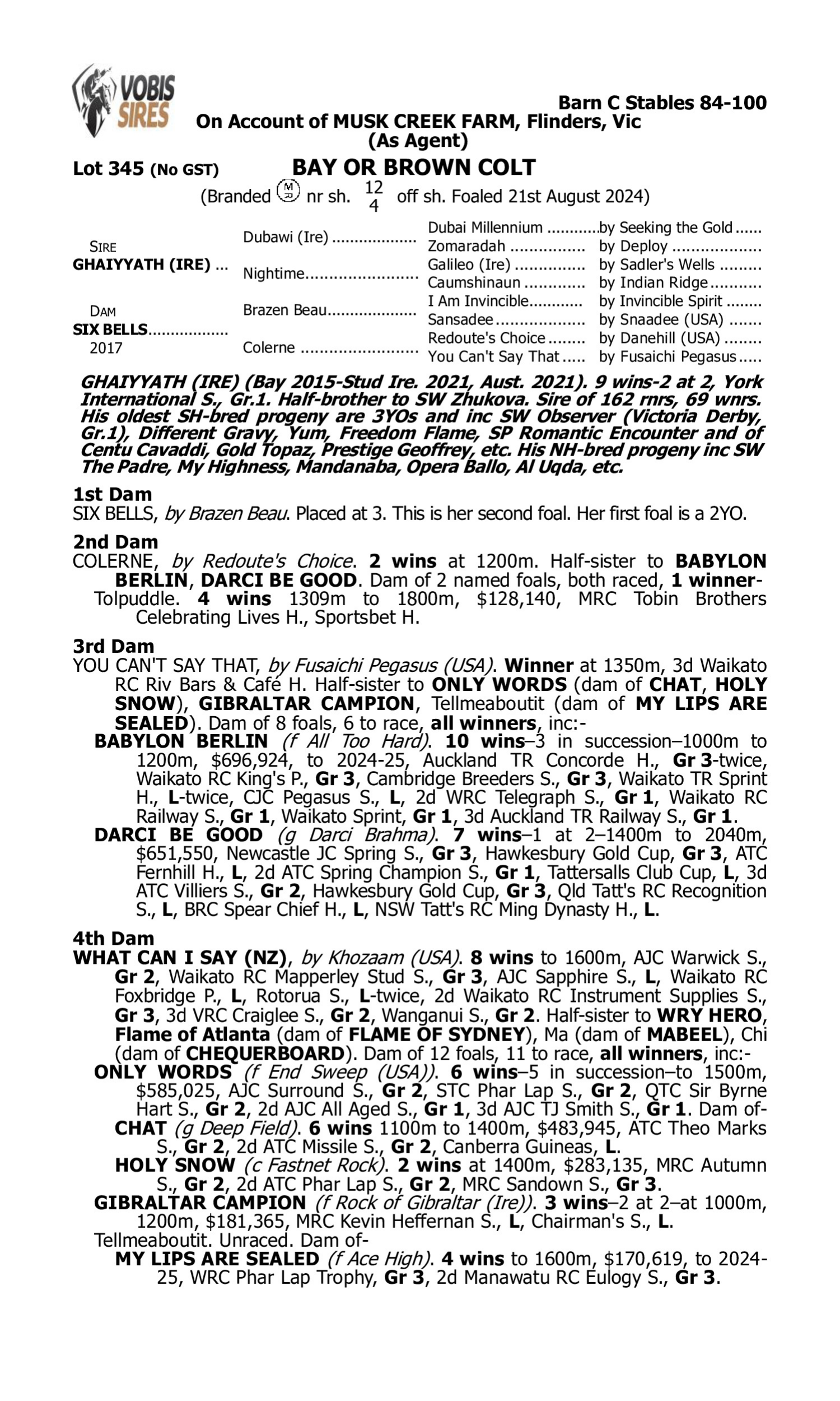 Pedigree for Lot 345 Ghaiyyath (IRE) - Six Bells