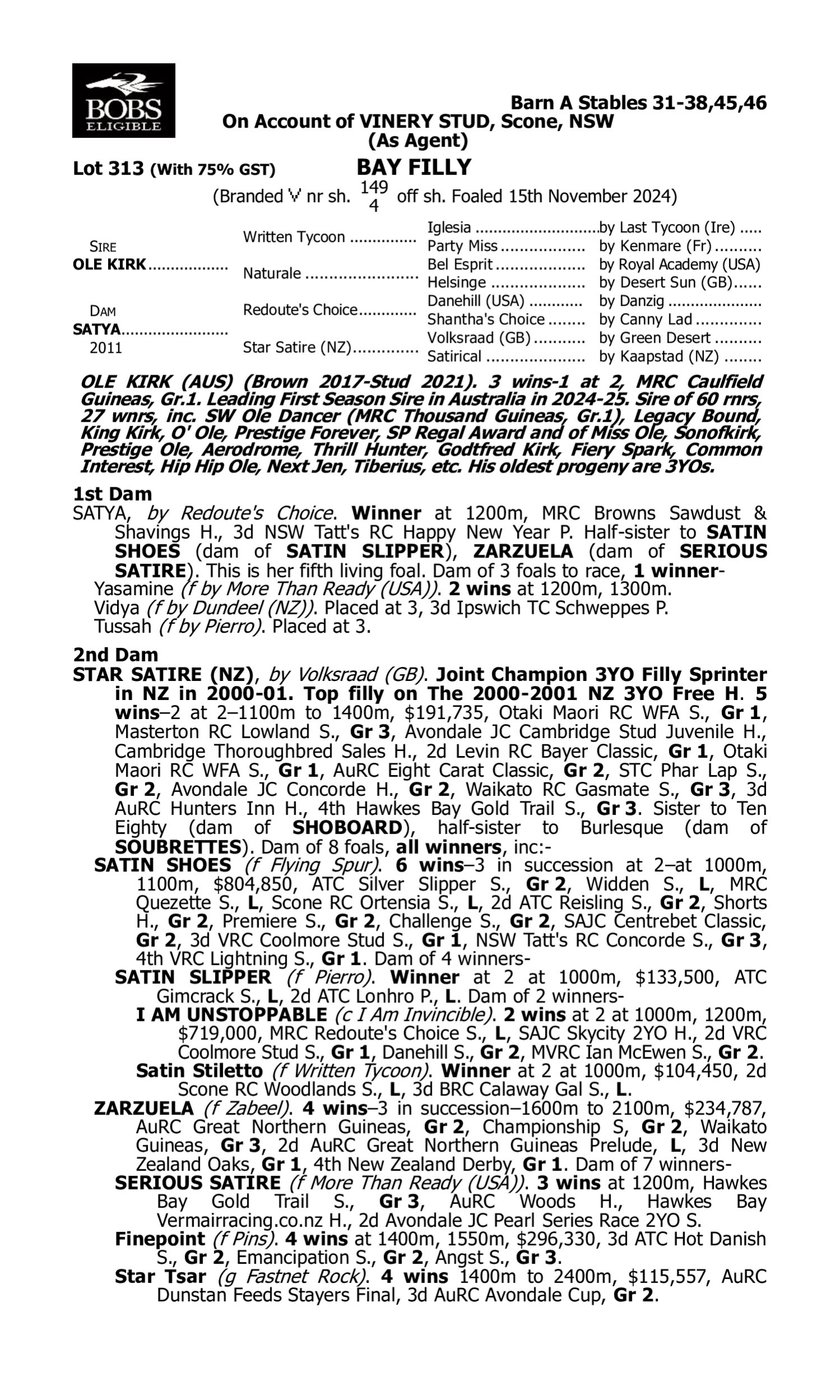 Pedigree for Lot 313 Ole Kirk - Satya