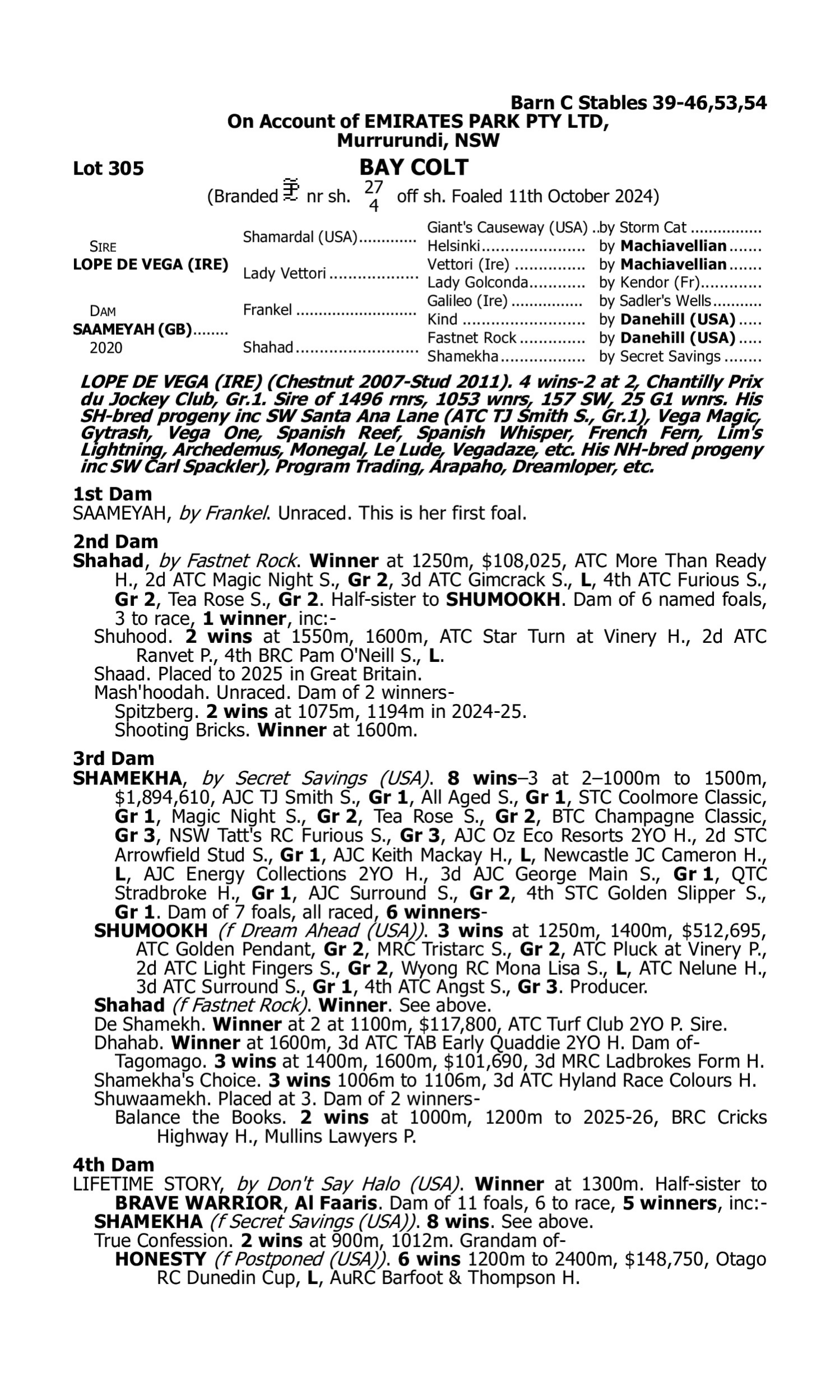Pedigree for Lot 305 Lope de Vega (IRE) - Saameyah (GB)