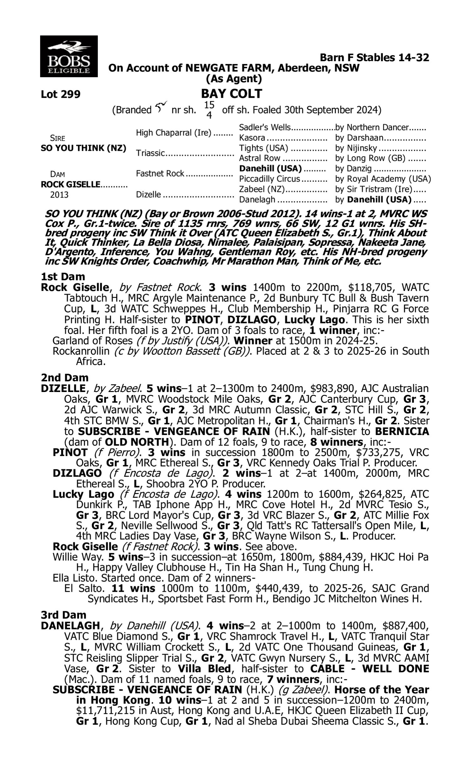 Pedigree for Lot 299 So You Think (NZ) - Rock Giselle