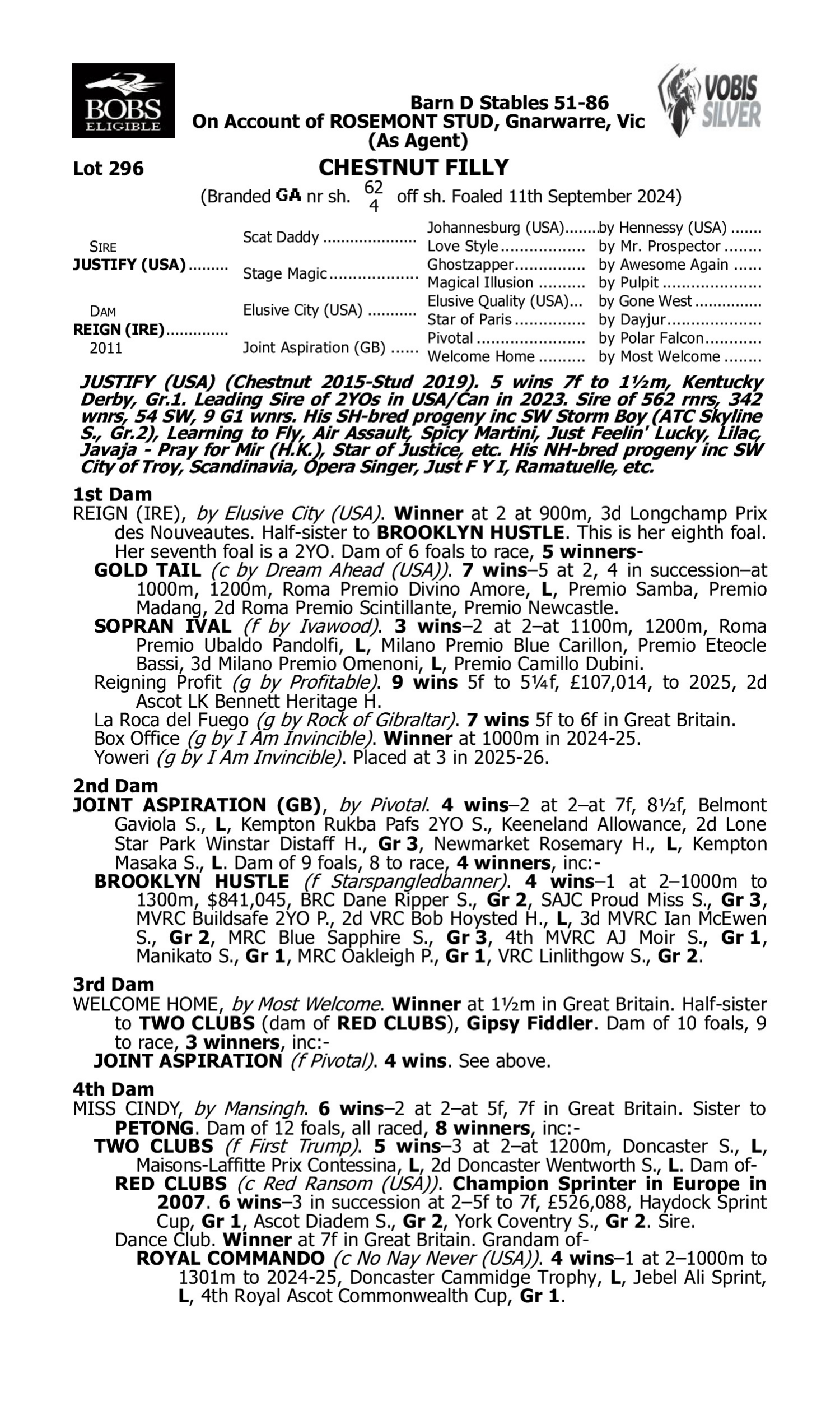 Pedigree for Lot 296 Justify (USA) - Reign (IRE)