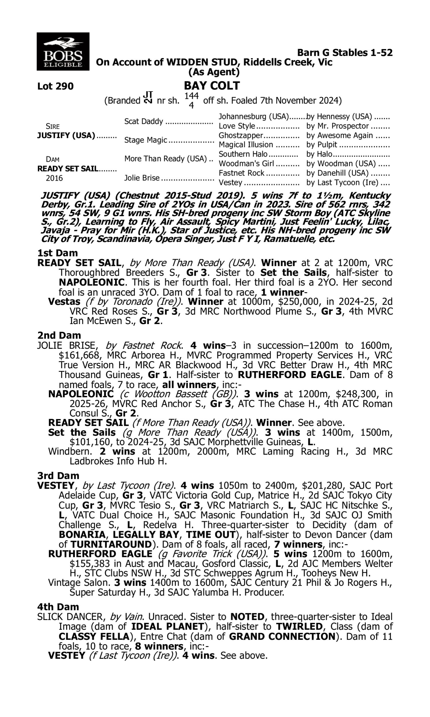 Pedigree for Lot 290 Justify (USA) - Ready Set Sail