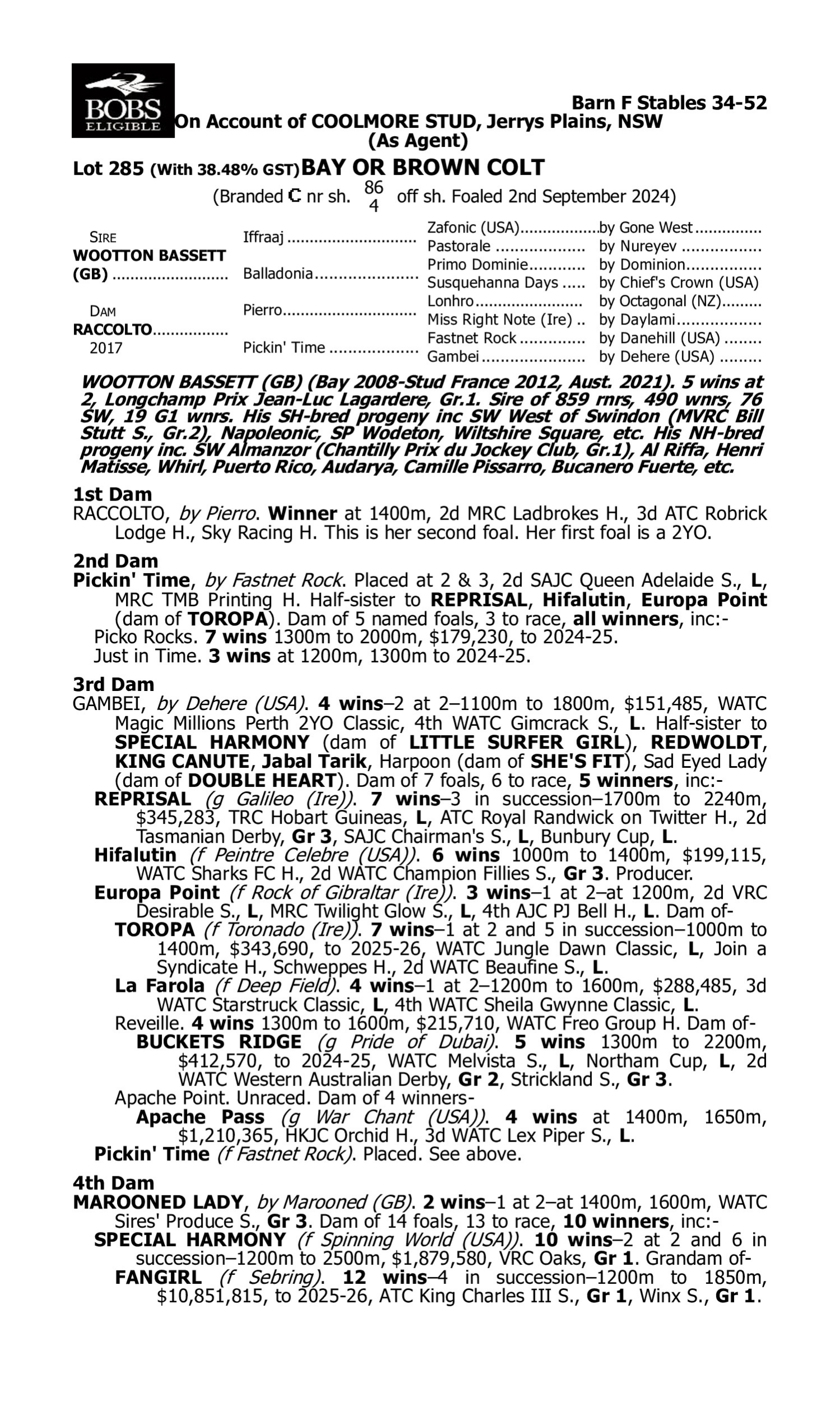 Pedigree for Lot 285 Wootton Bassett (GB) - Raccolto