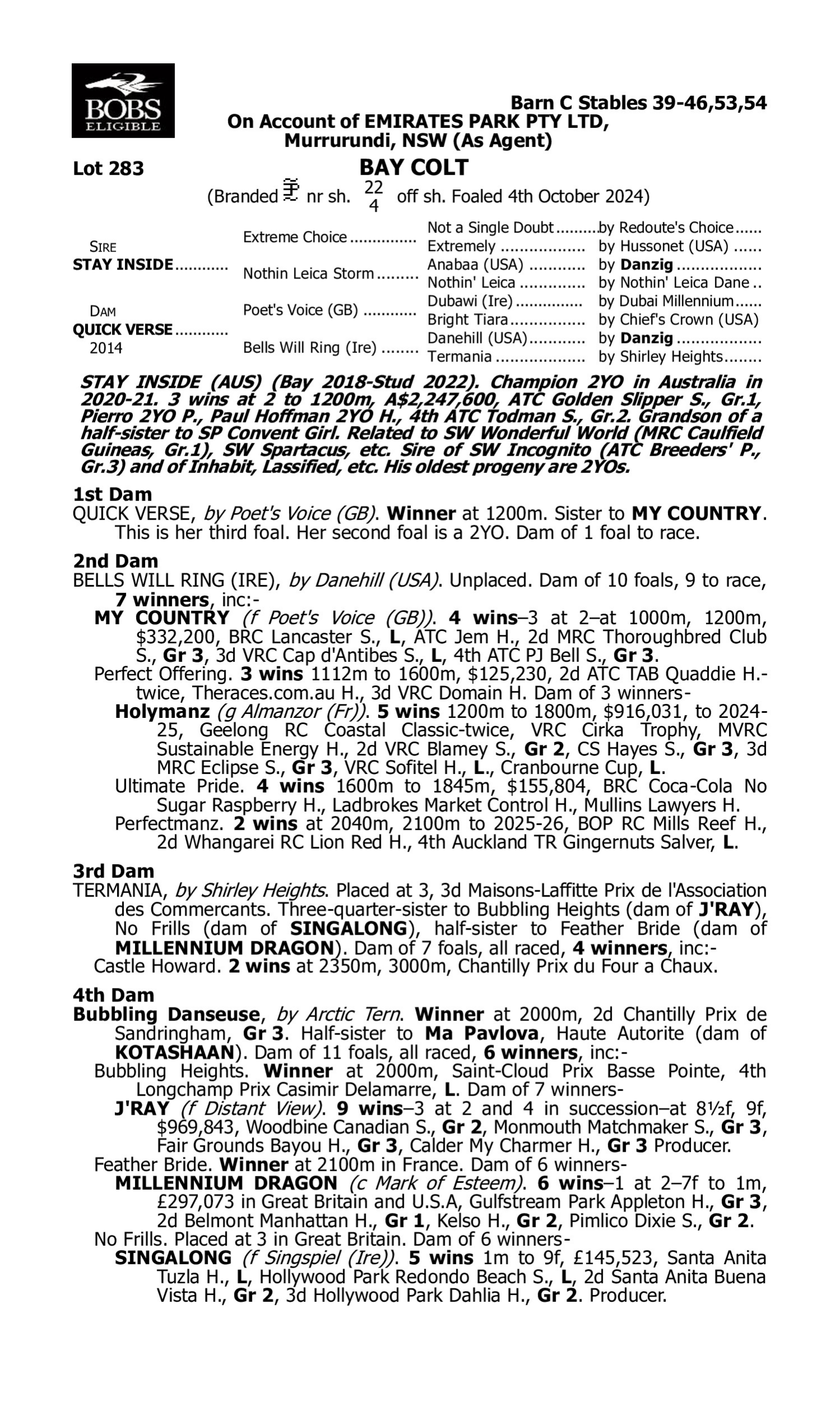 Pedigree for Lot 283 Stay Inside - Quick Verse