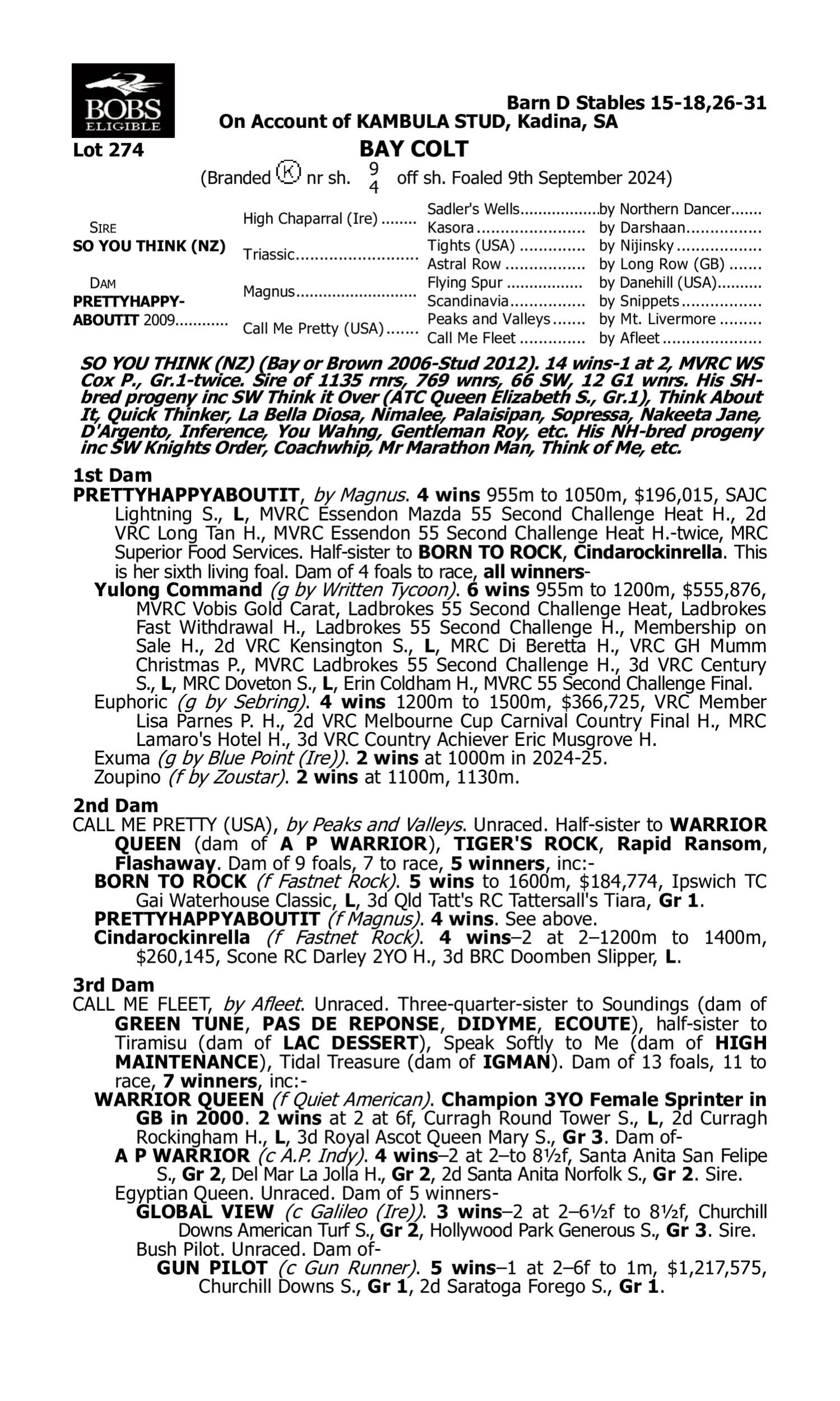Pedigree for Lot 274 So You Think (NZ) - Prettyhappyaboutit