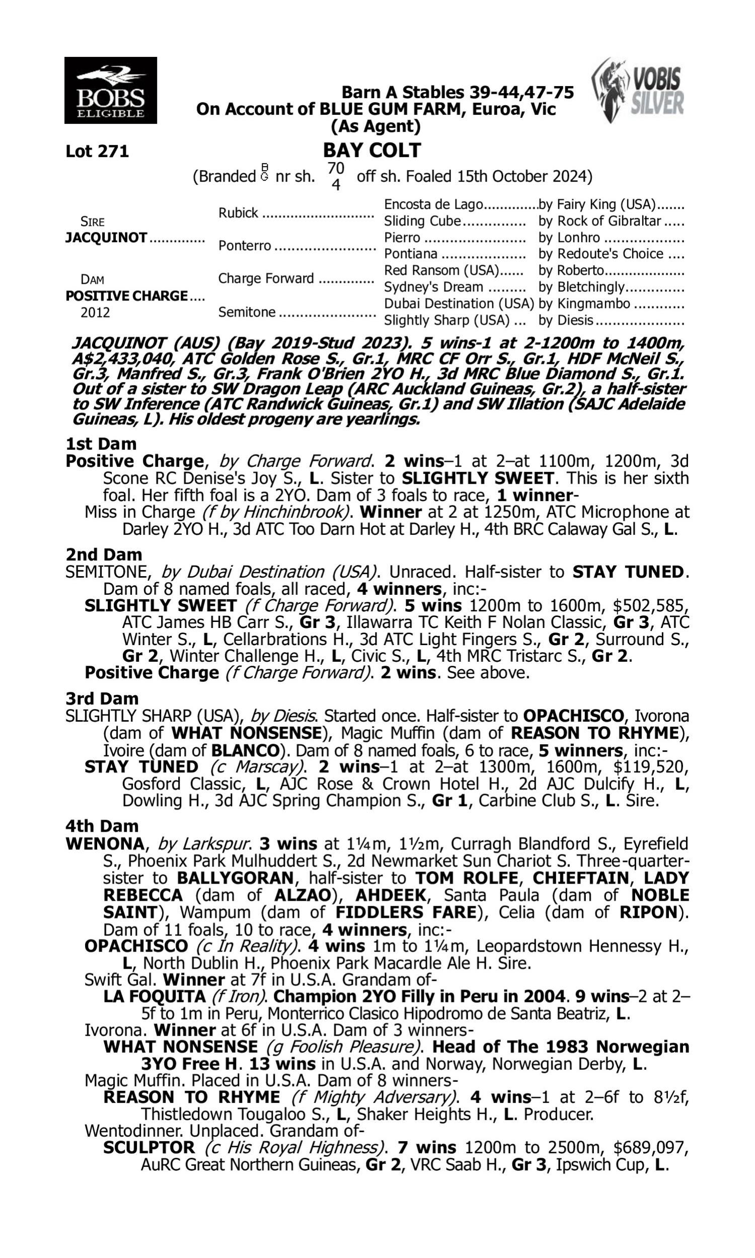 Pedigree for Lot 271 Jacquinot - Positive Charge