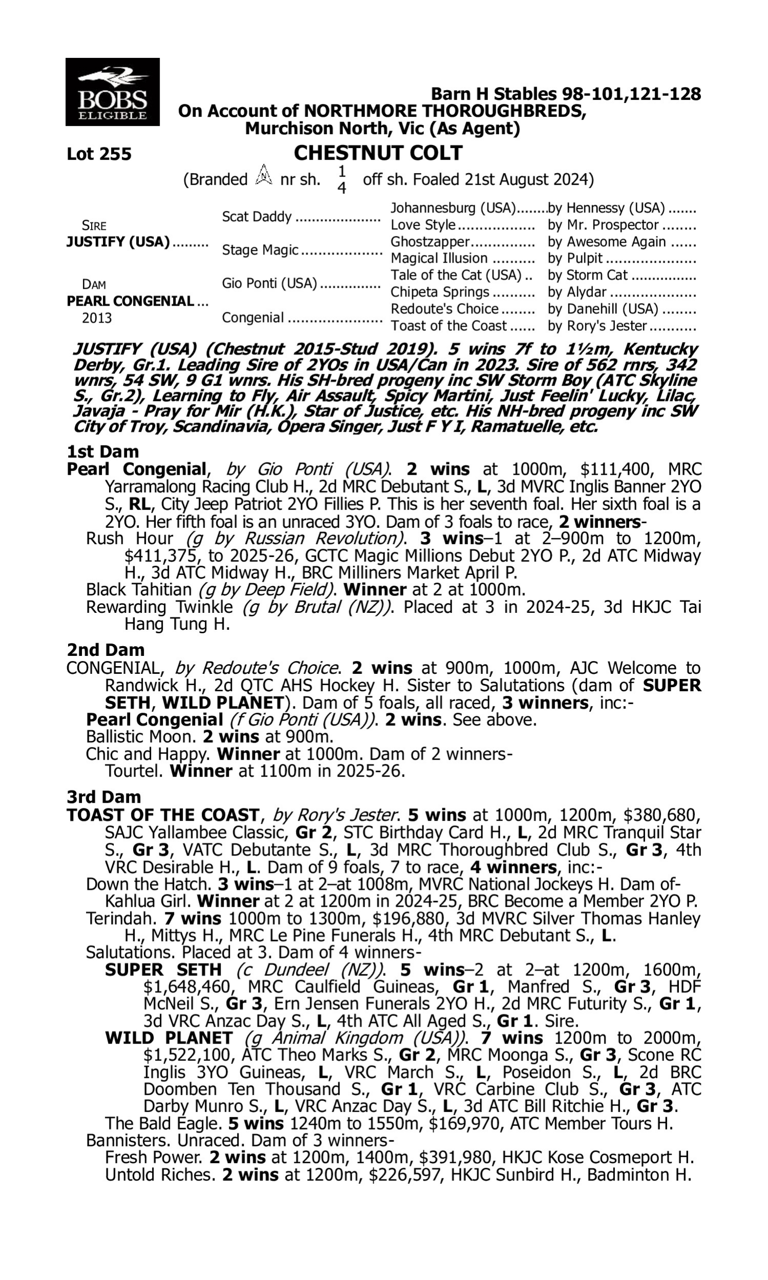 Pedigree for Lot 255 Justify (USA) - Pearl Congenial
