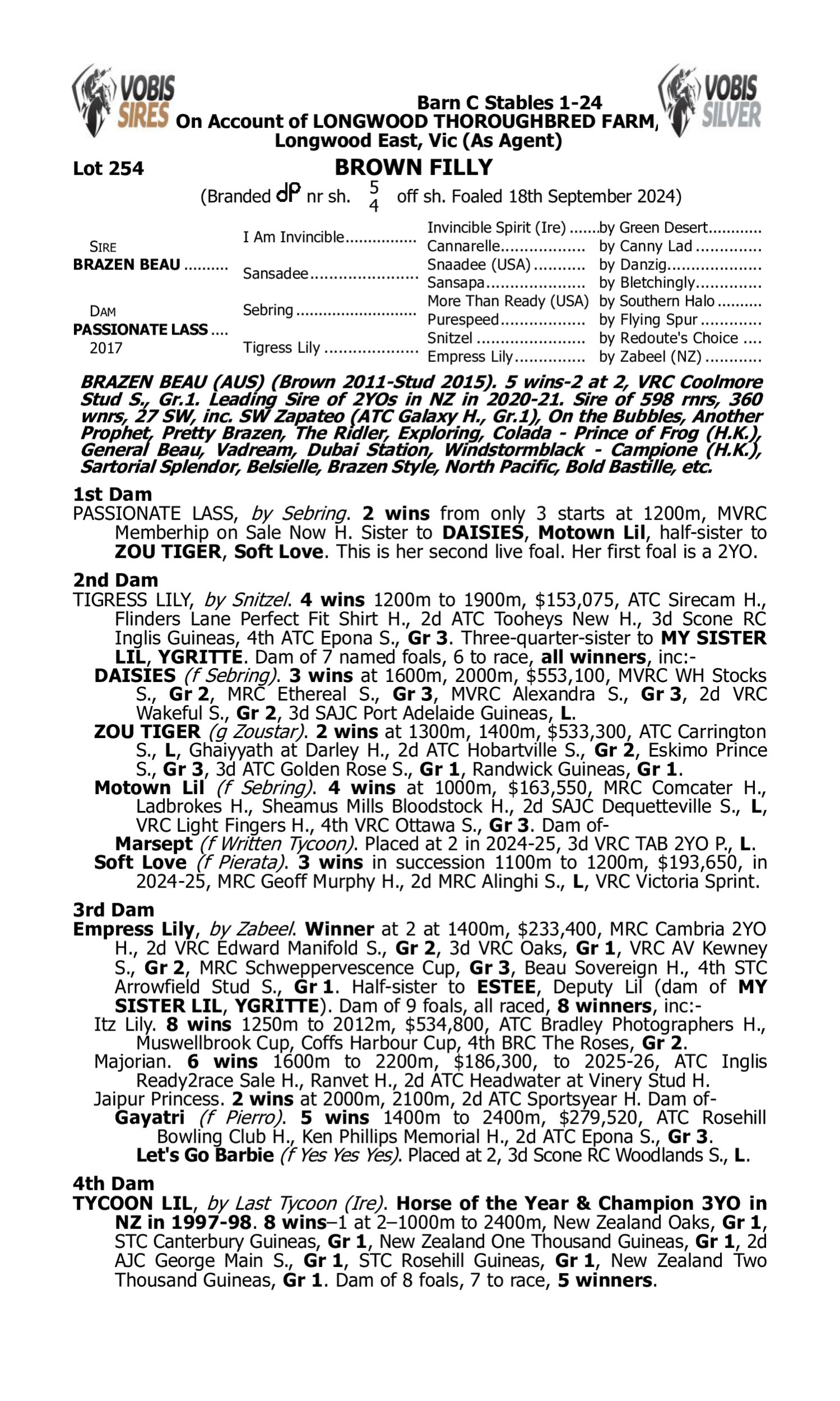 Pedigree for Lot 254 Brazen Beau - Passionate Lass