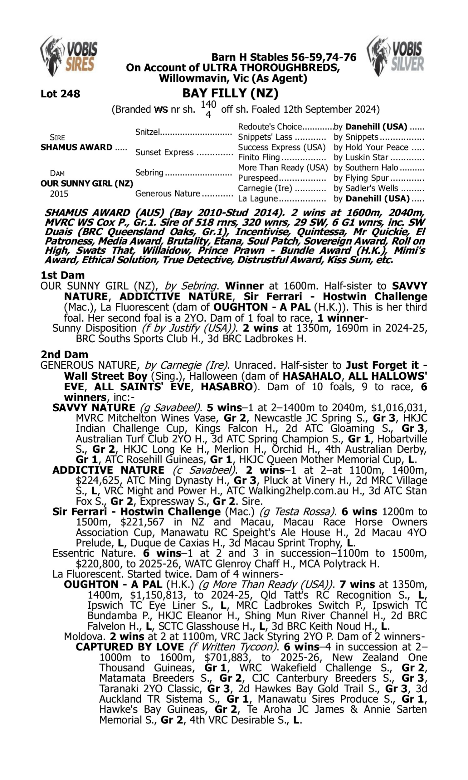 Pedigree for Lot 248 Shamus Award - Our Sunny Girl (NZ)