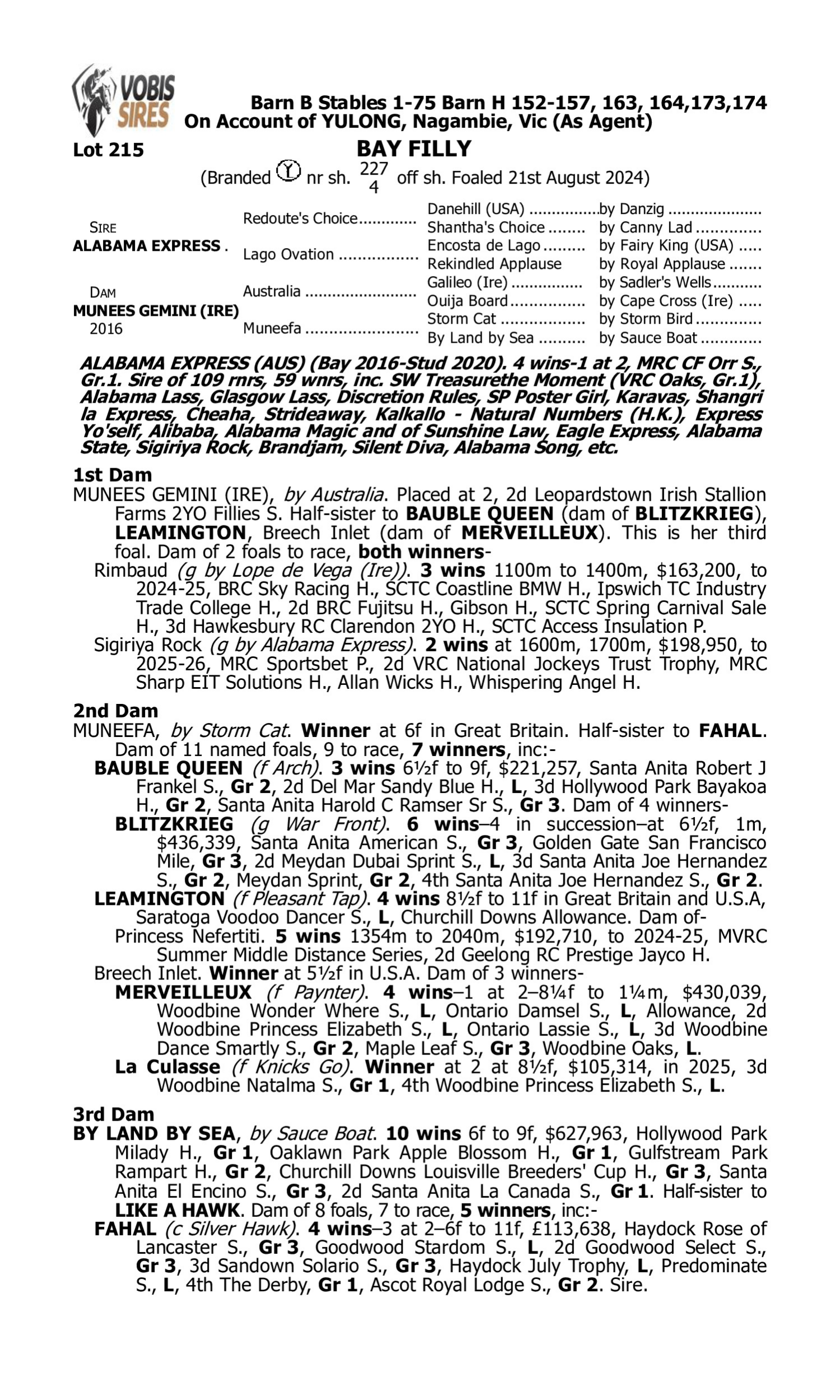 Pedigree for Lot 215 Alabama Express - Munees Gemini (IRE)