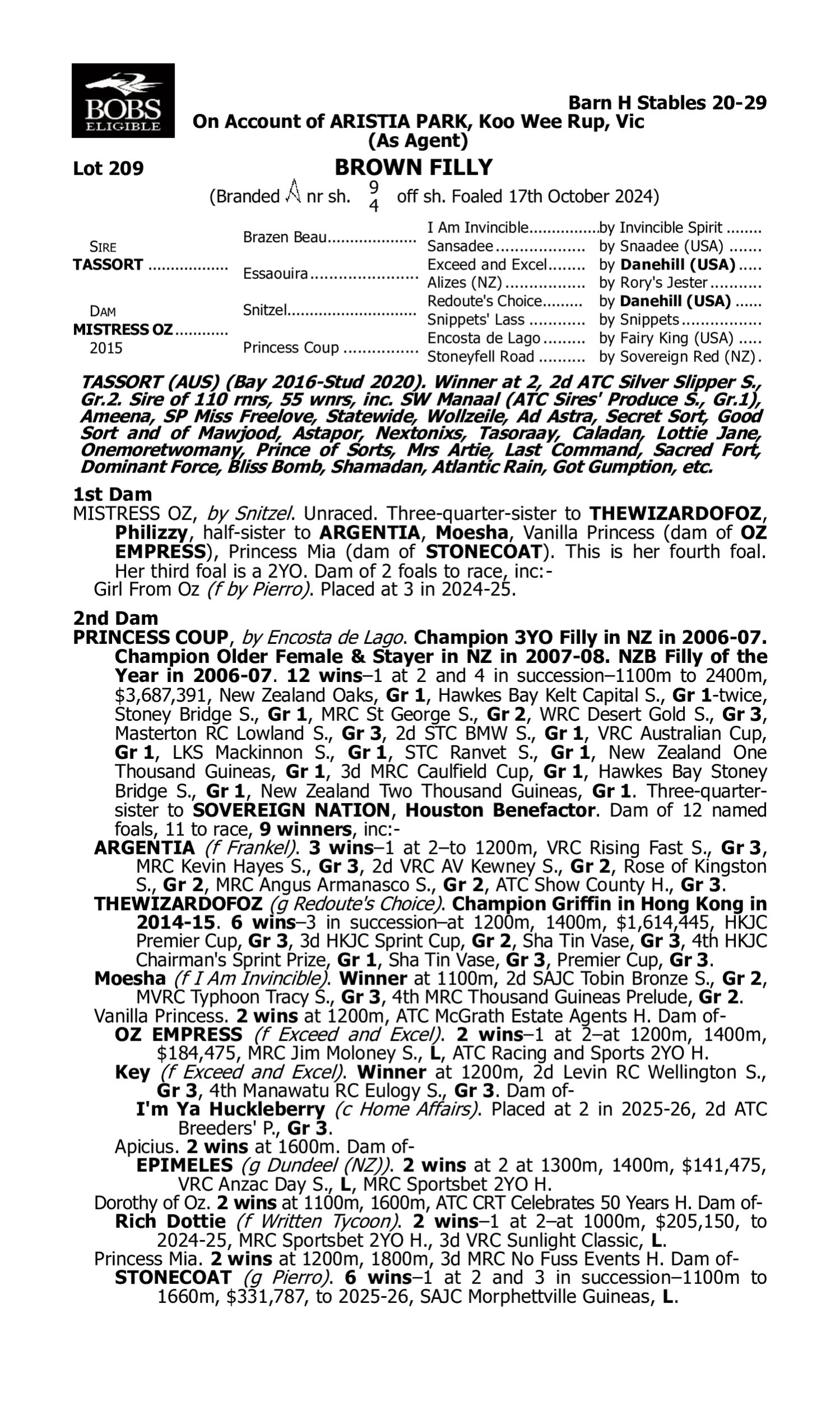 Pedigree for Lot 209 Tassort - Mistress Oz