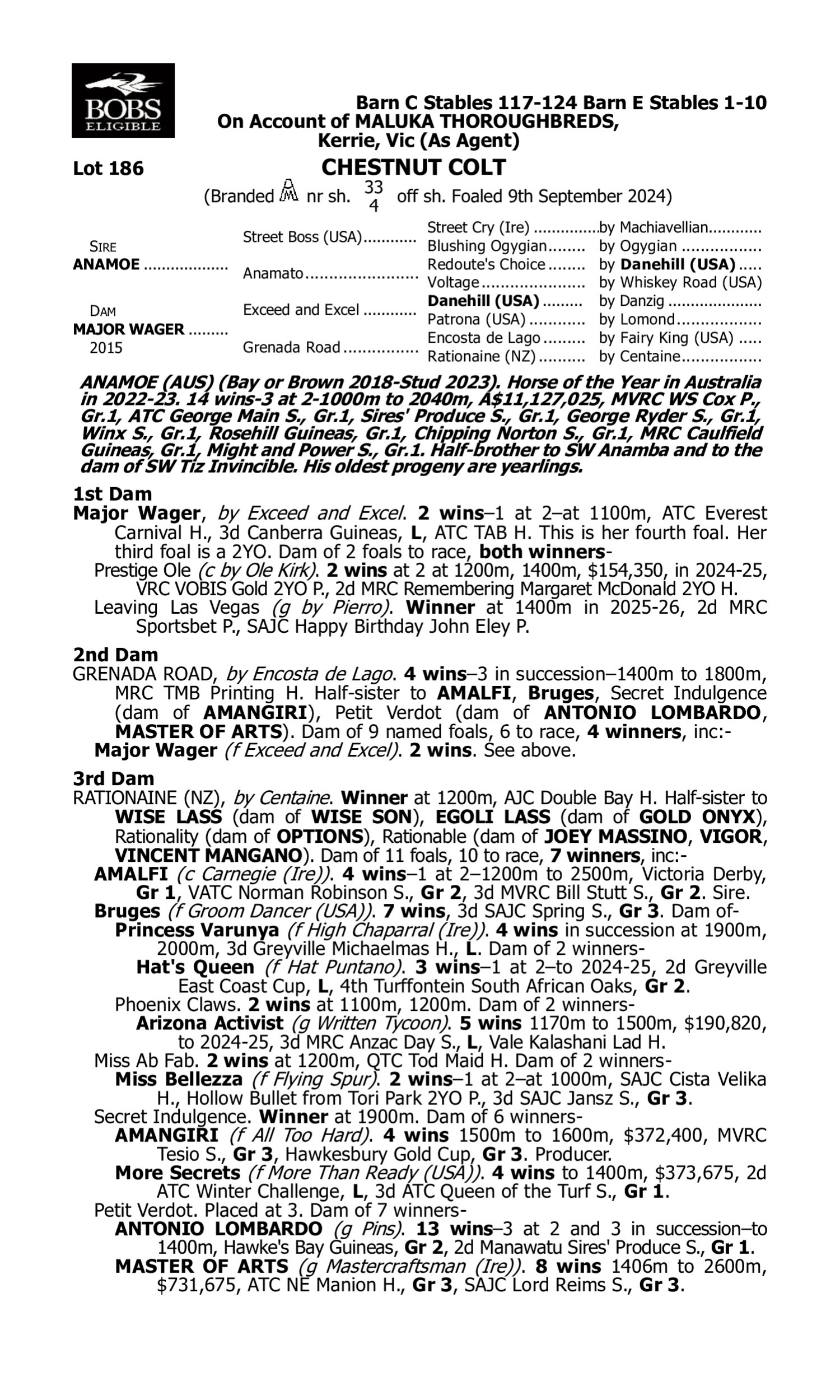 Pedigree for Lot 186 Anamoe - Major Wager