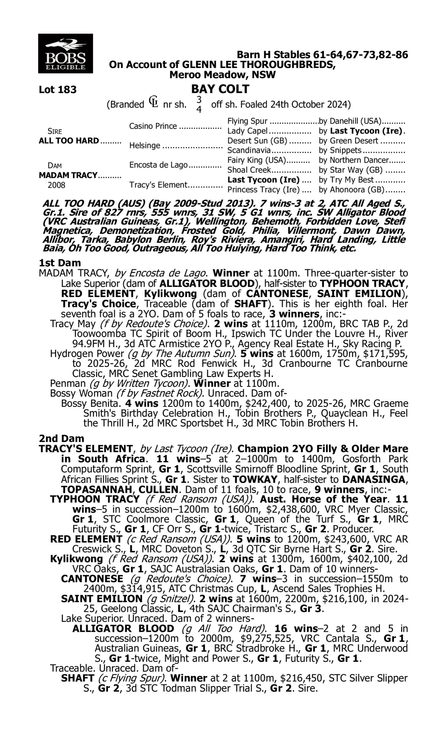 Pedigree for Lot 183 All Too Hard - Madam Tracy