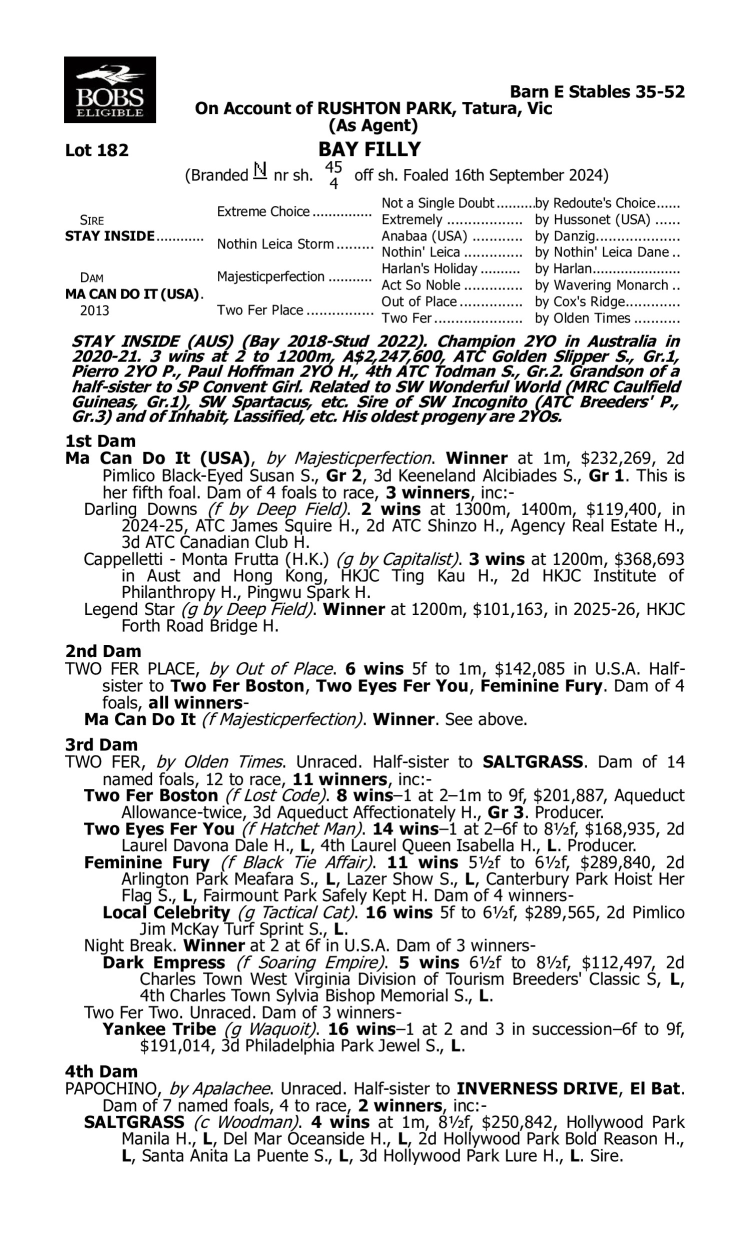 Pedigree for Lot 182 Stay Inside - Ma Can Do It (USA)