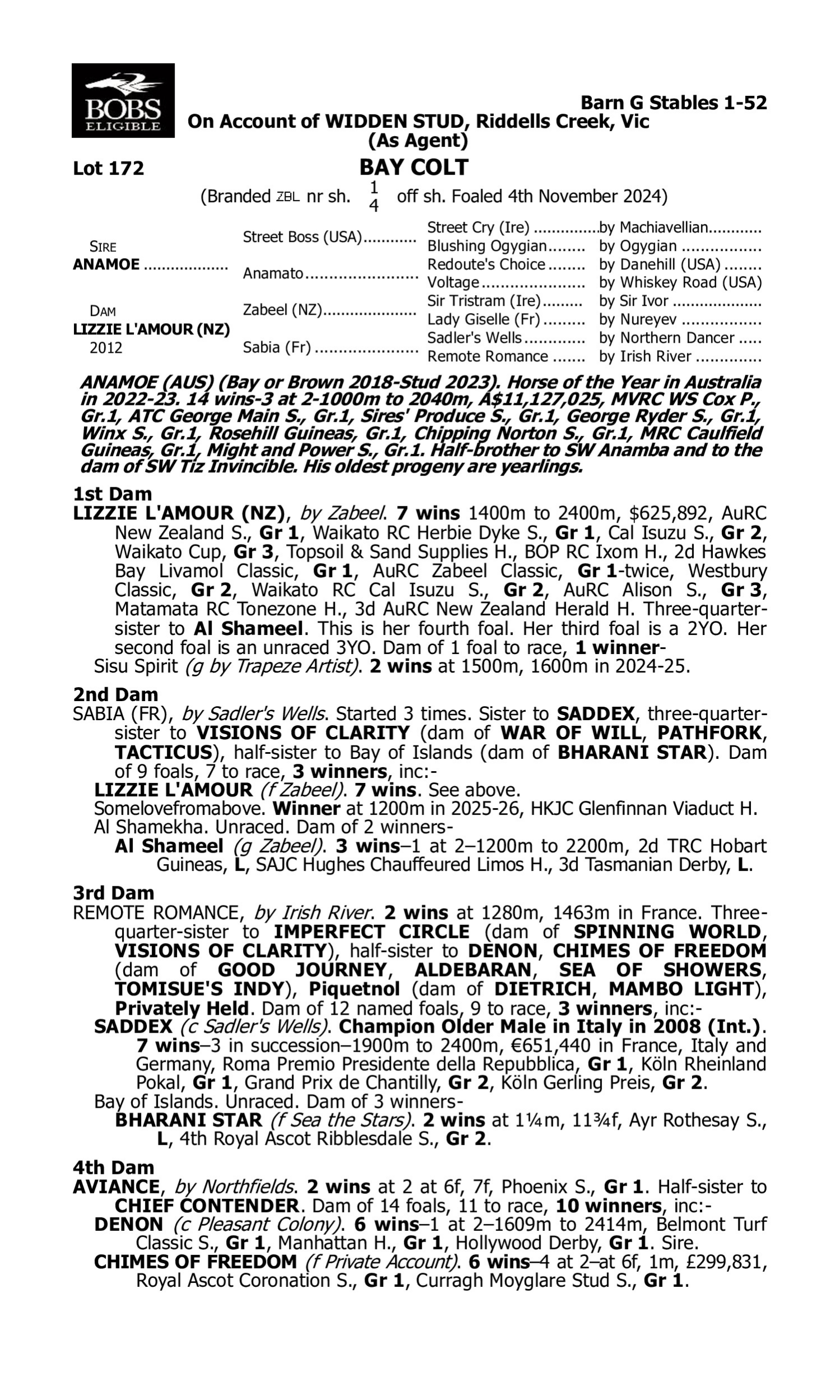 Pedigree for Lot 172 Anamoe - Lizzie l'Amour (NZ)