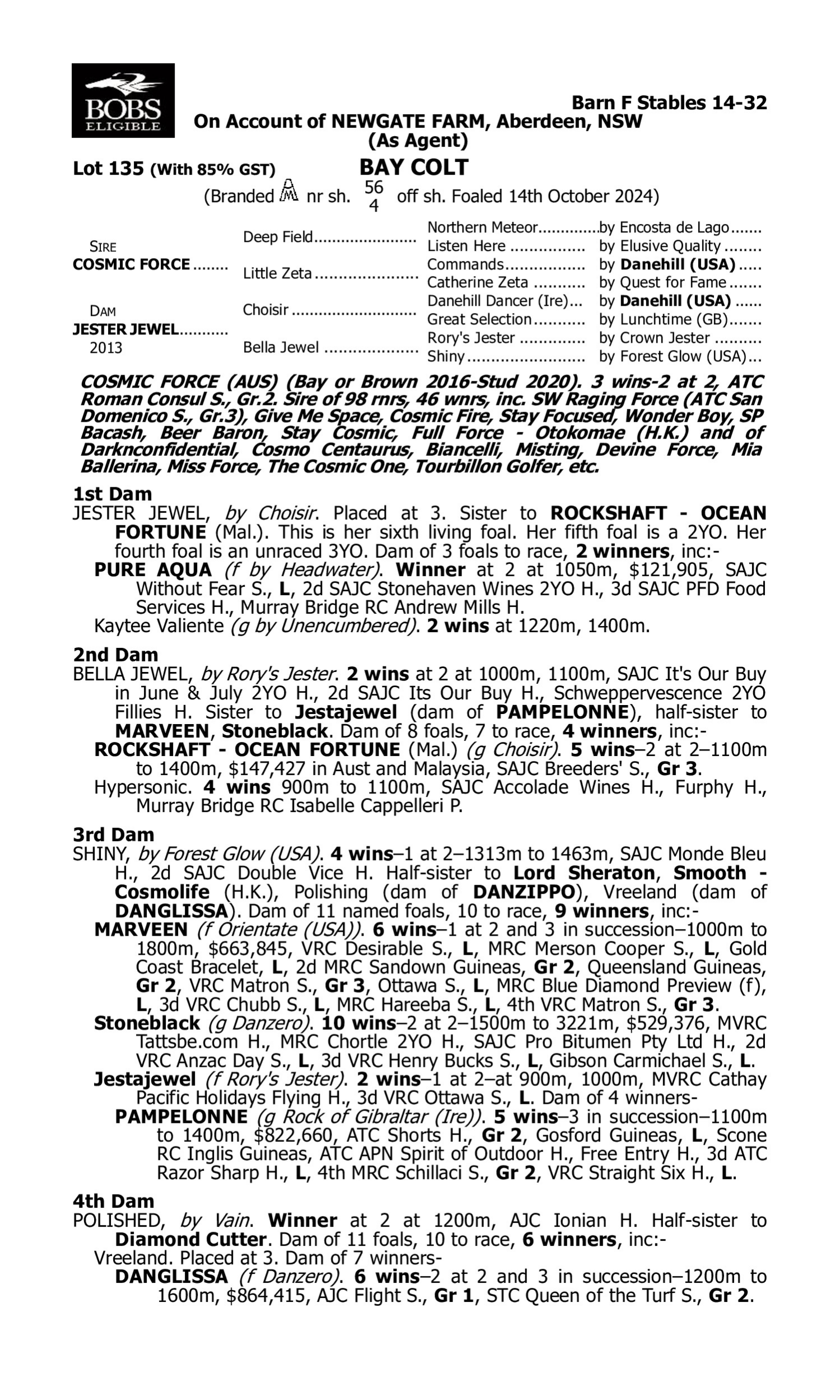 Pedigree for Lot 135 Cosmic Force - Jester Jewel